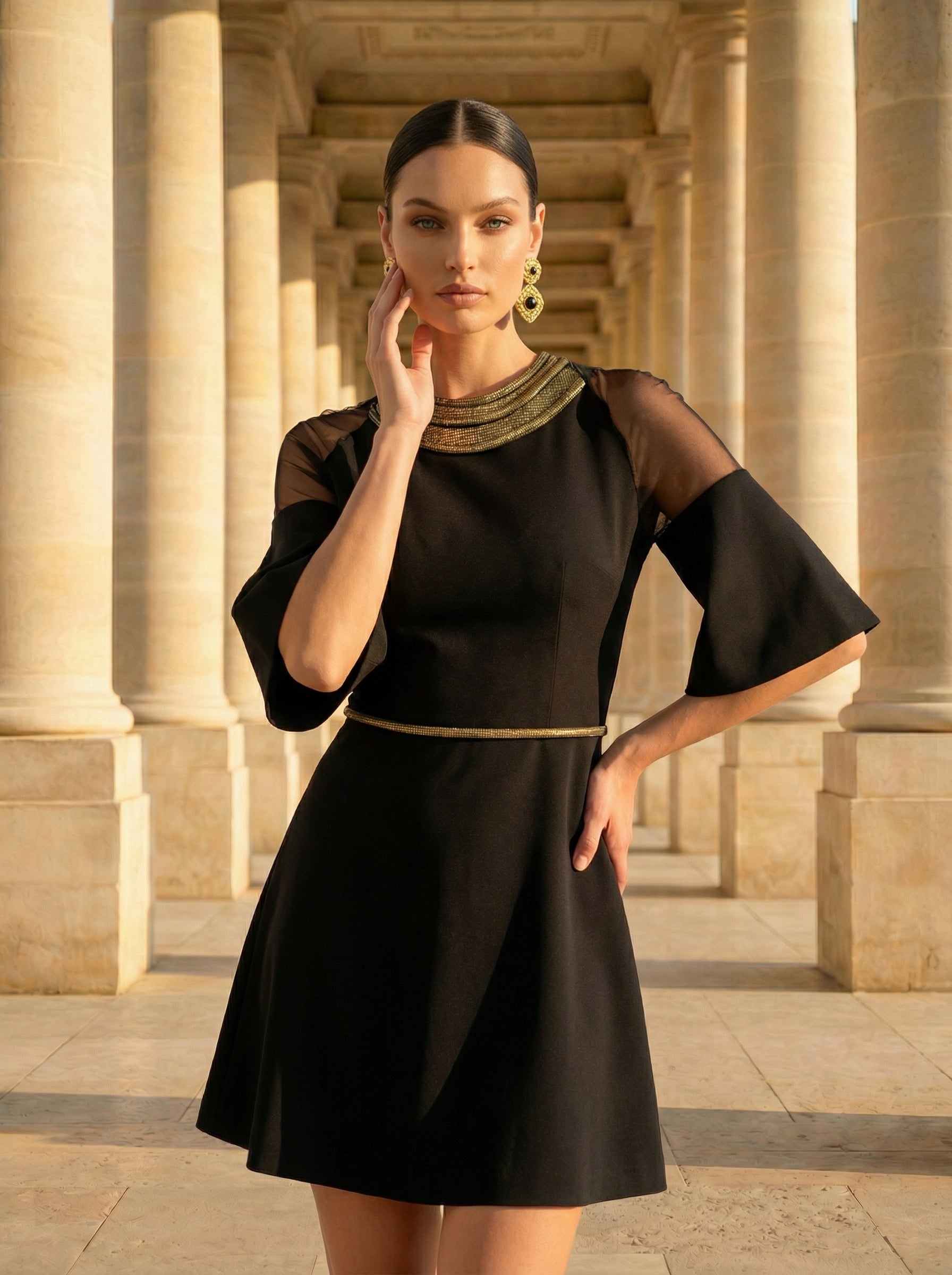 Gold Neckline A-Line Mini Dress