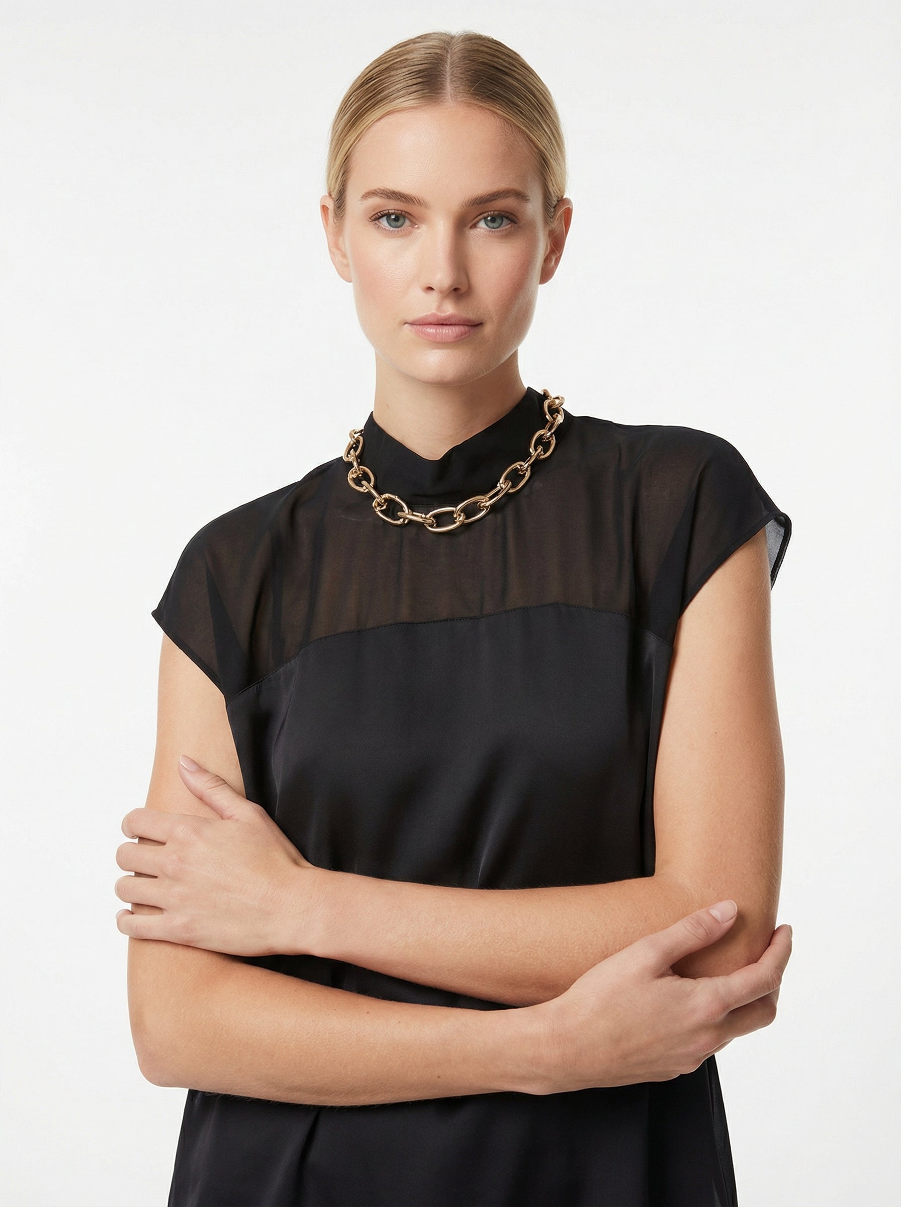 Black Asymmetric Satin Top With Sheer Chiffon Yoke