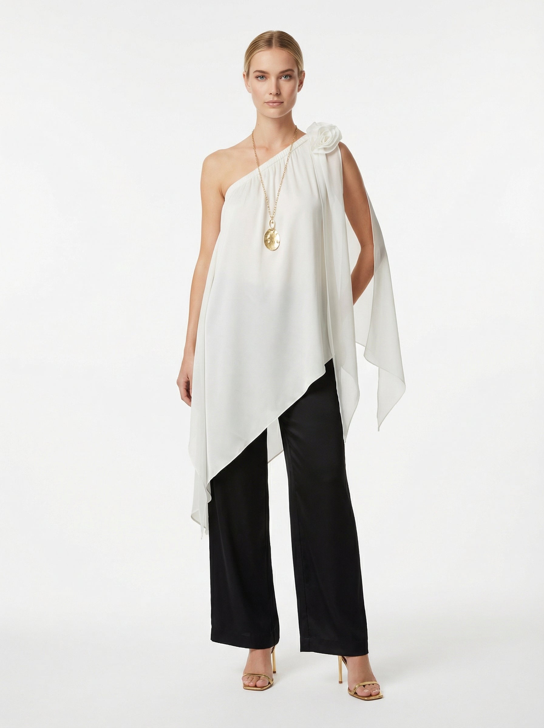 Ivory Asymmetric One-Shoulder Satin Top With Chiffon Panels