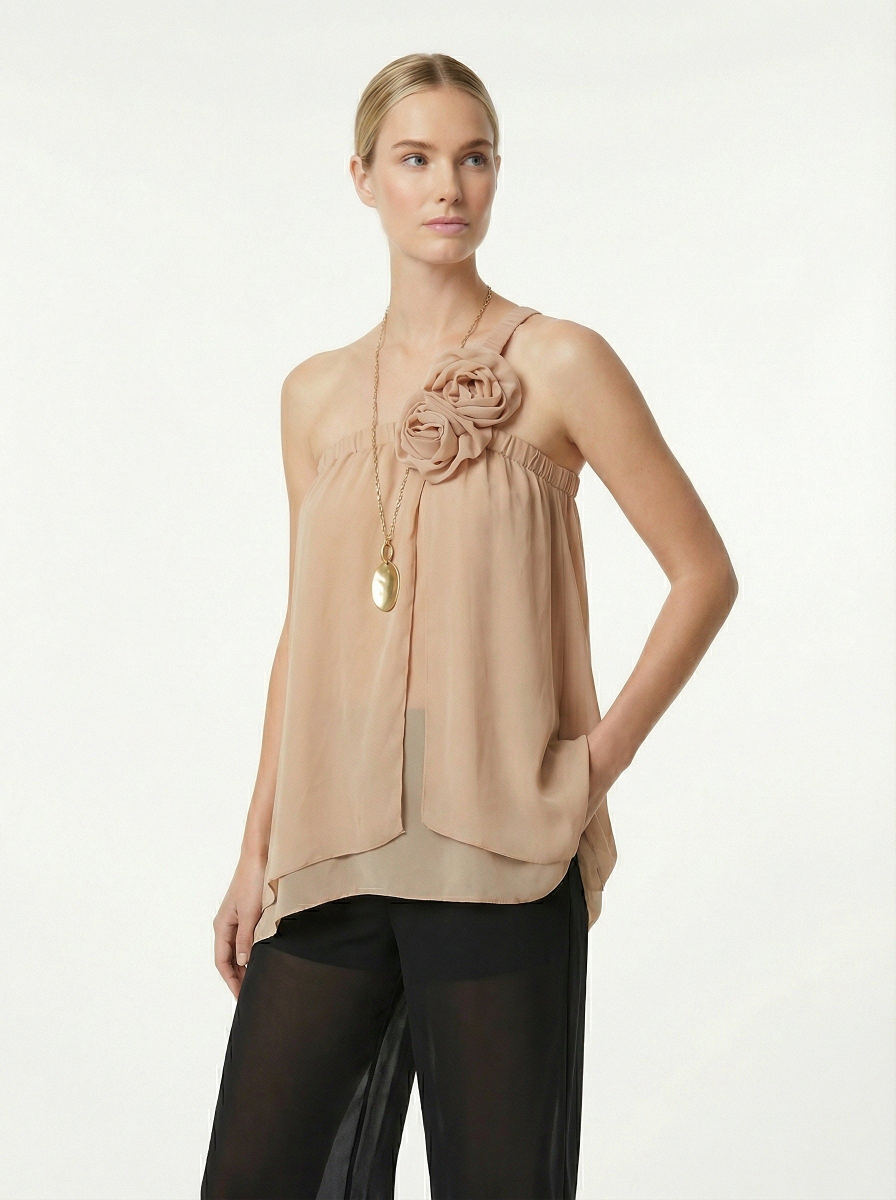 Beige Asymmetric Chiffon One-Shoulder Top With Rosettes