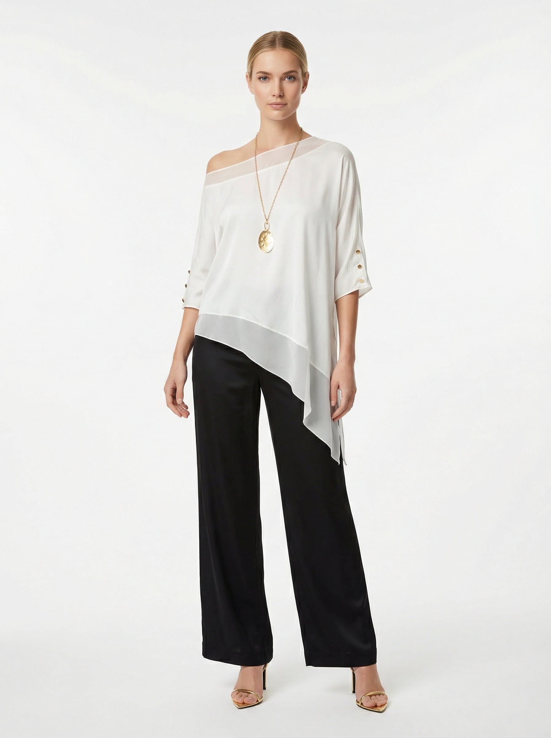 Ivory Asymmetric Satin Top With Chiffon Trim
