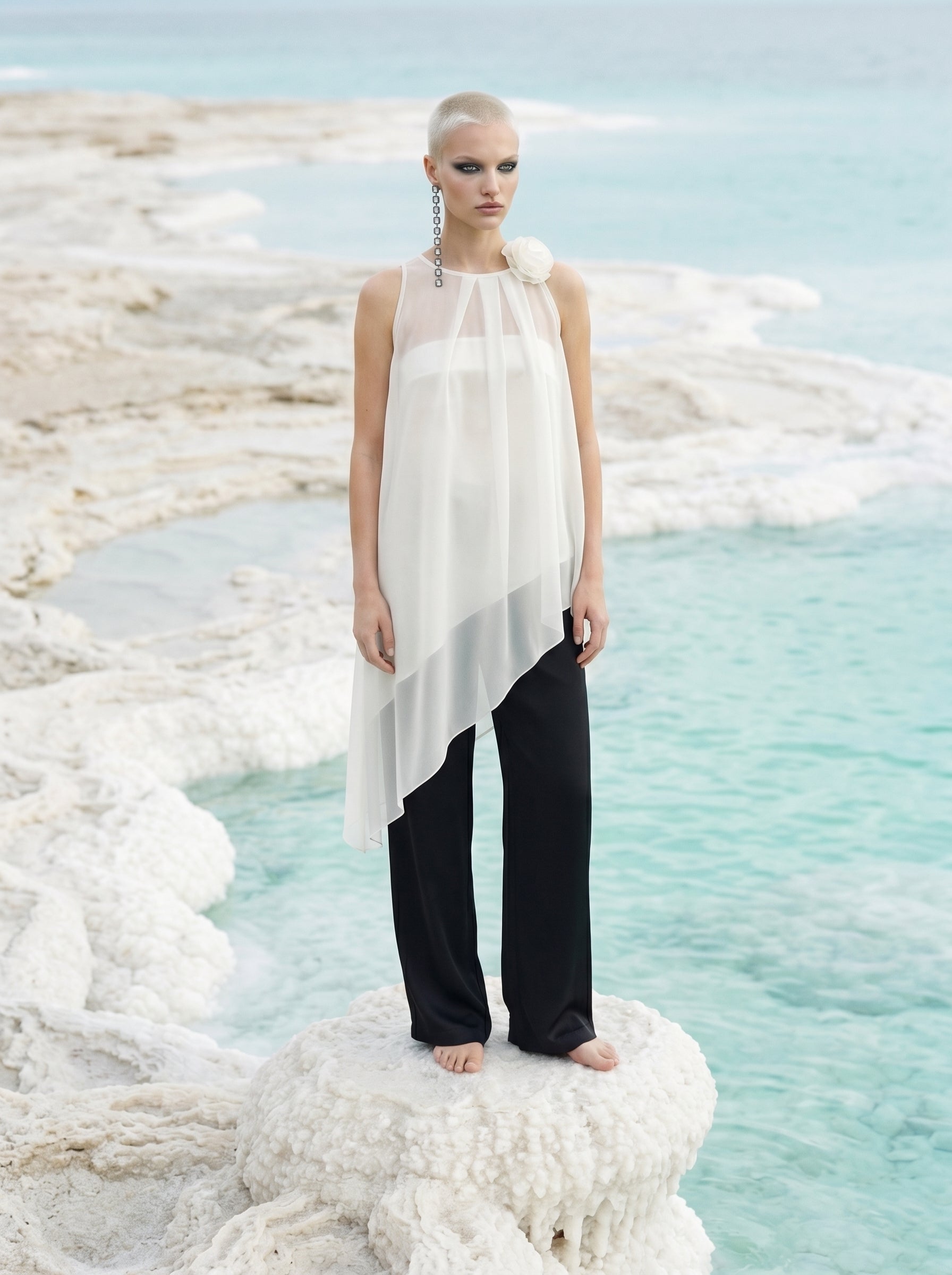Two-Piece Asymmetrical Satin And Chiffon Top