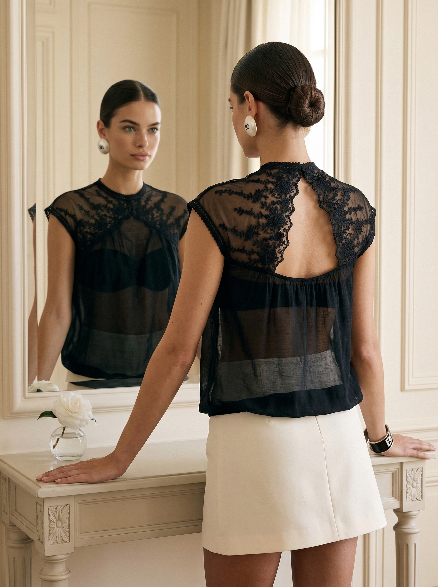 Sheer Embroidered Lace Blouse