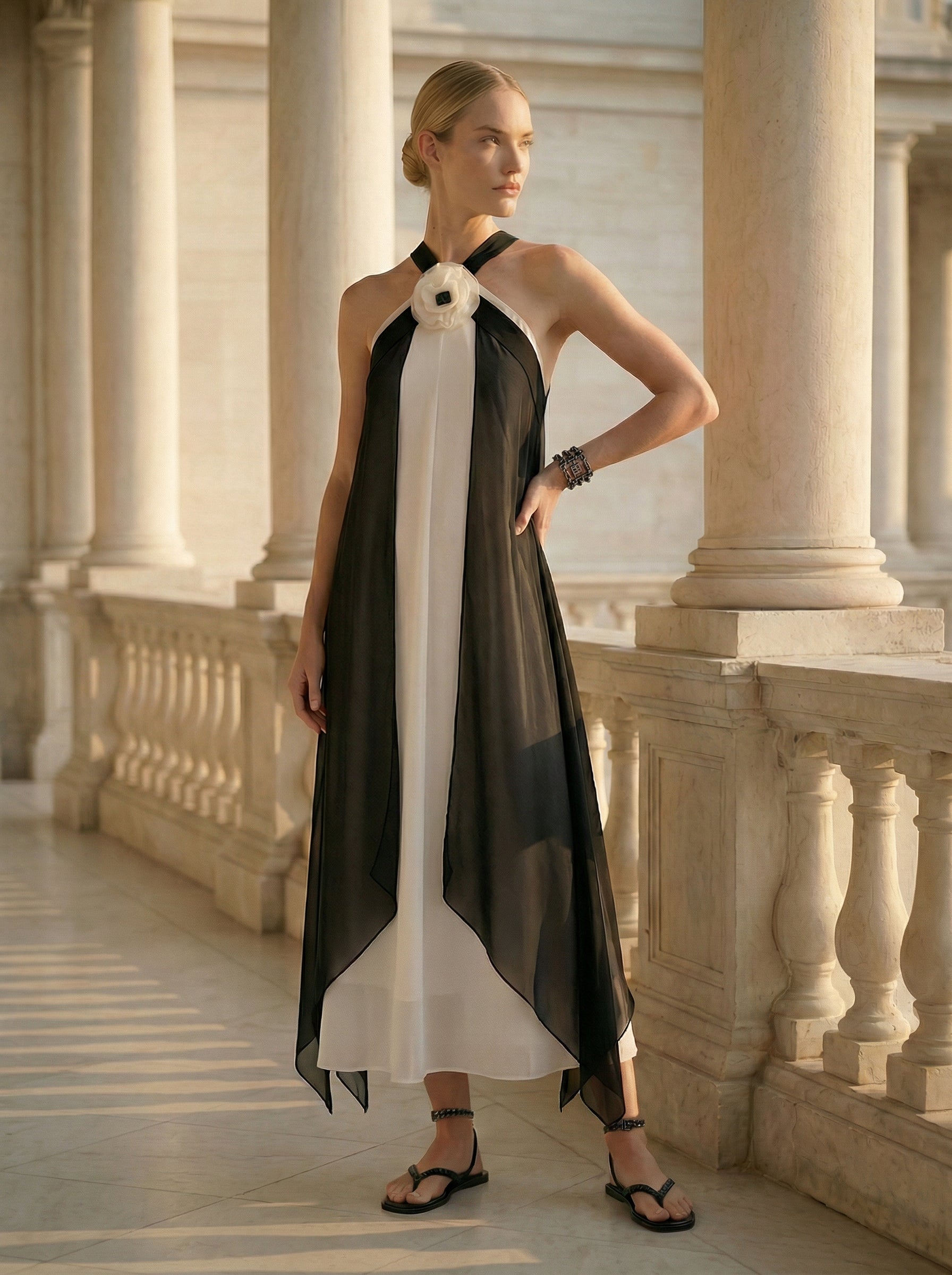 Transformable Halter Chiffon Dress With Removable Overlay
