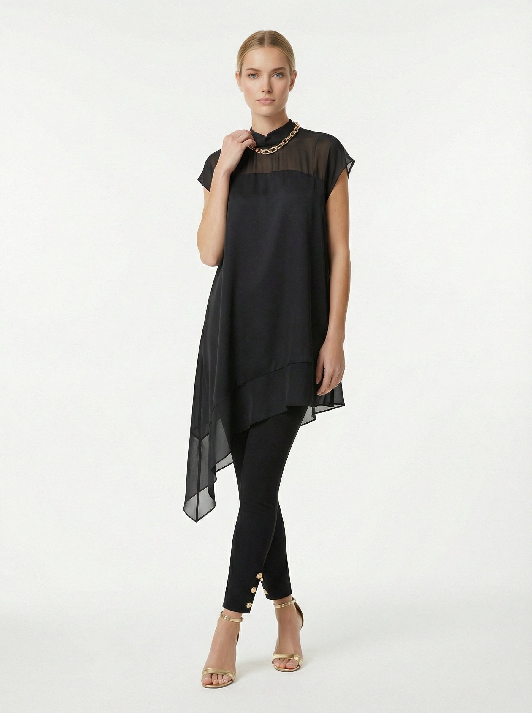 Black Asymmetric Satin Top With Sheer Chiffon Yoke