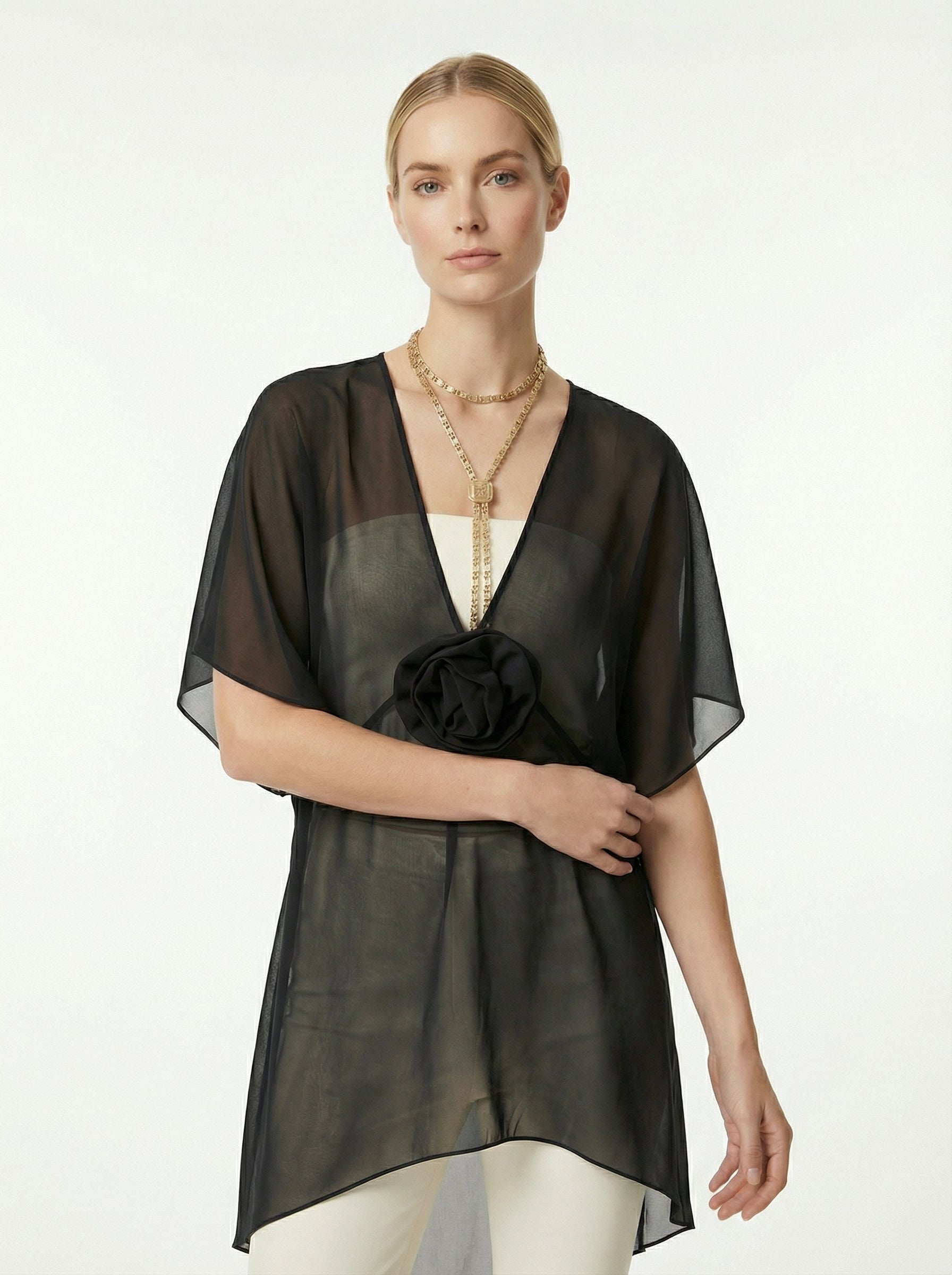 Black Sheer Chiffon High-Low Top With Rosette