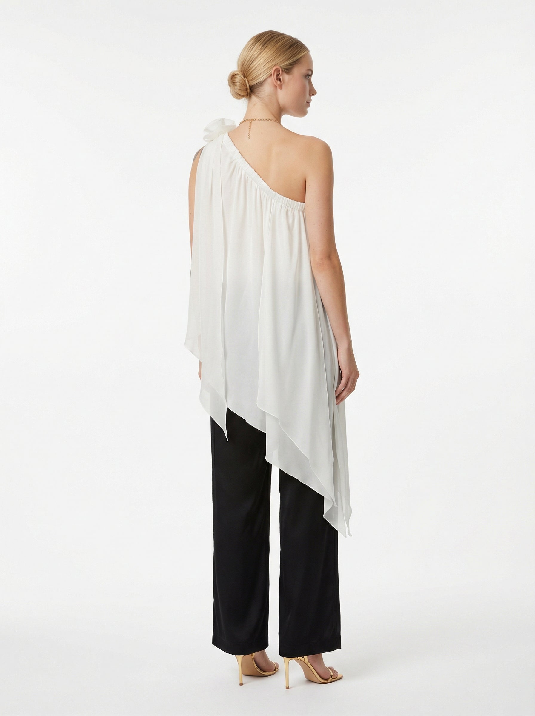 Ivory Asymmetric One-Shoulder Satin Top With Chiffon Panels