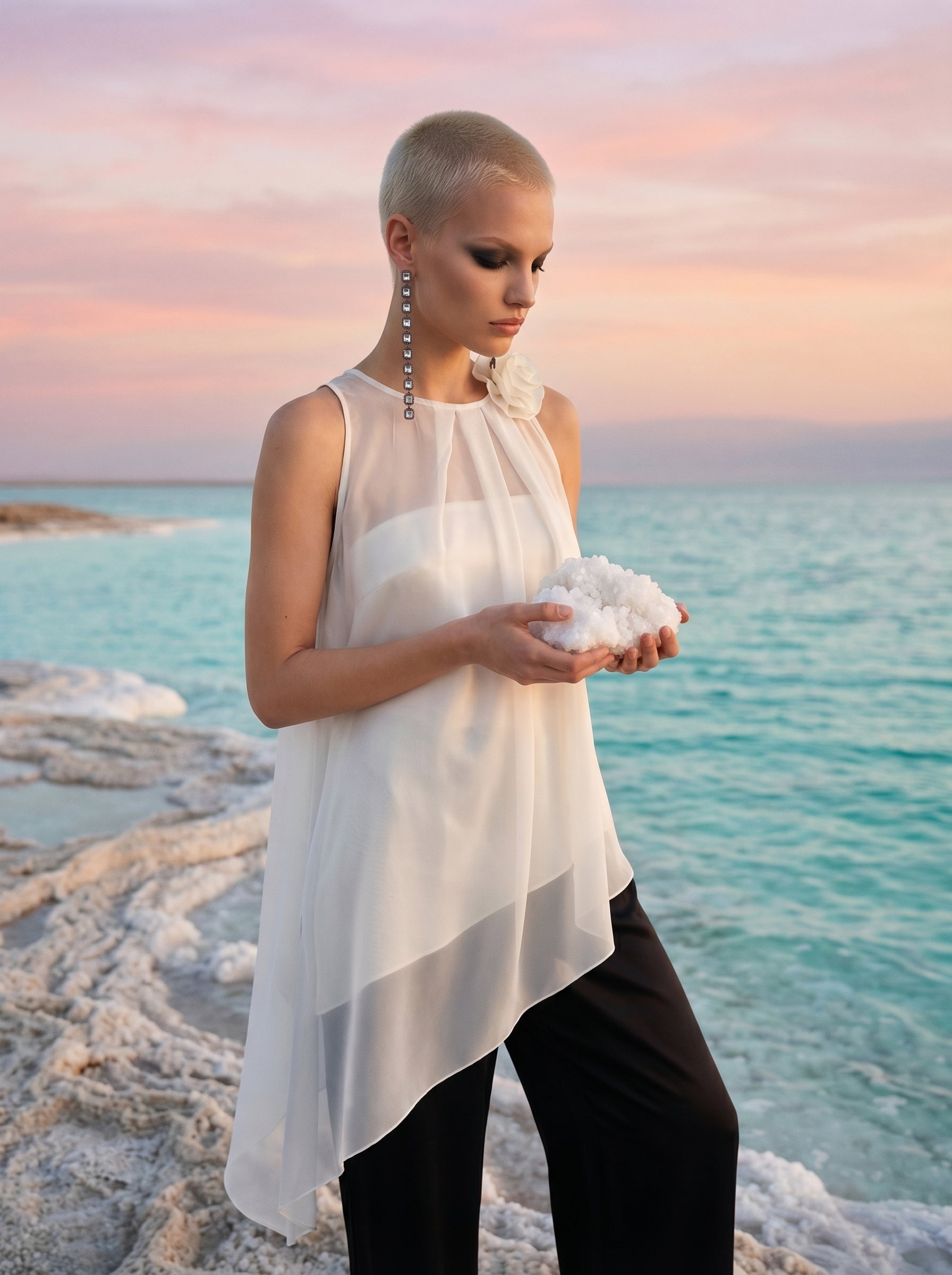 Two-Piece Asymmetrical Satin And Chiffon Top