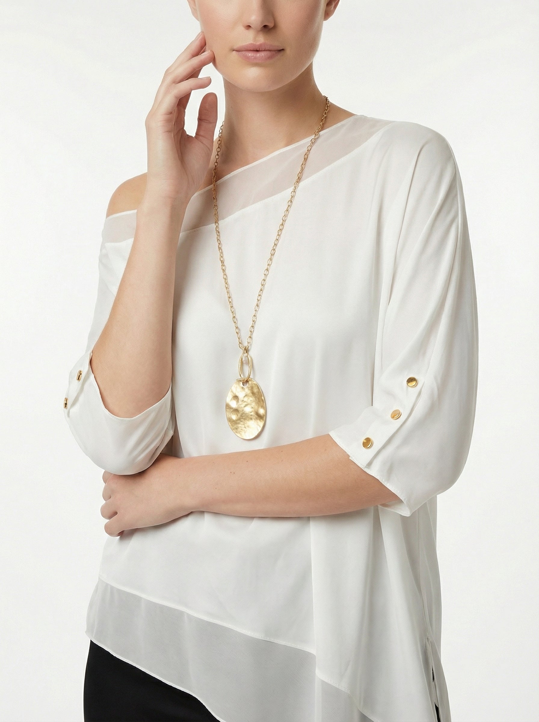 Ivory Asymmetric Satin Top With Chiffon Trim