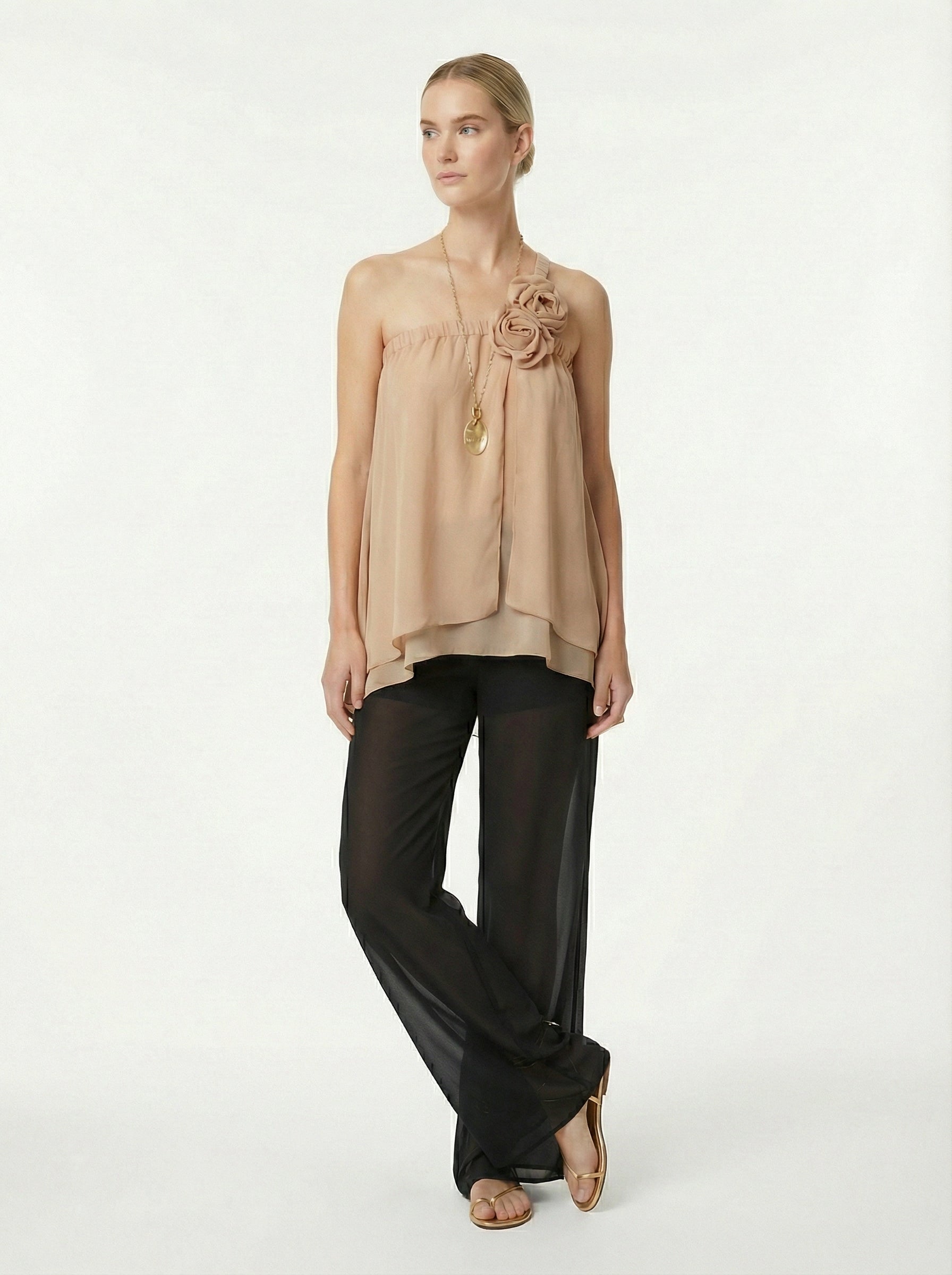 Beige Asymmetric Chiffon One-Shoulder Top With Rosettes