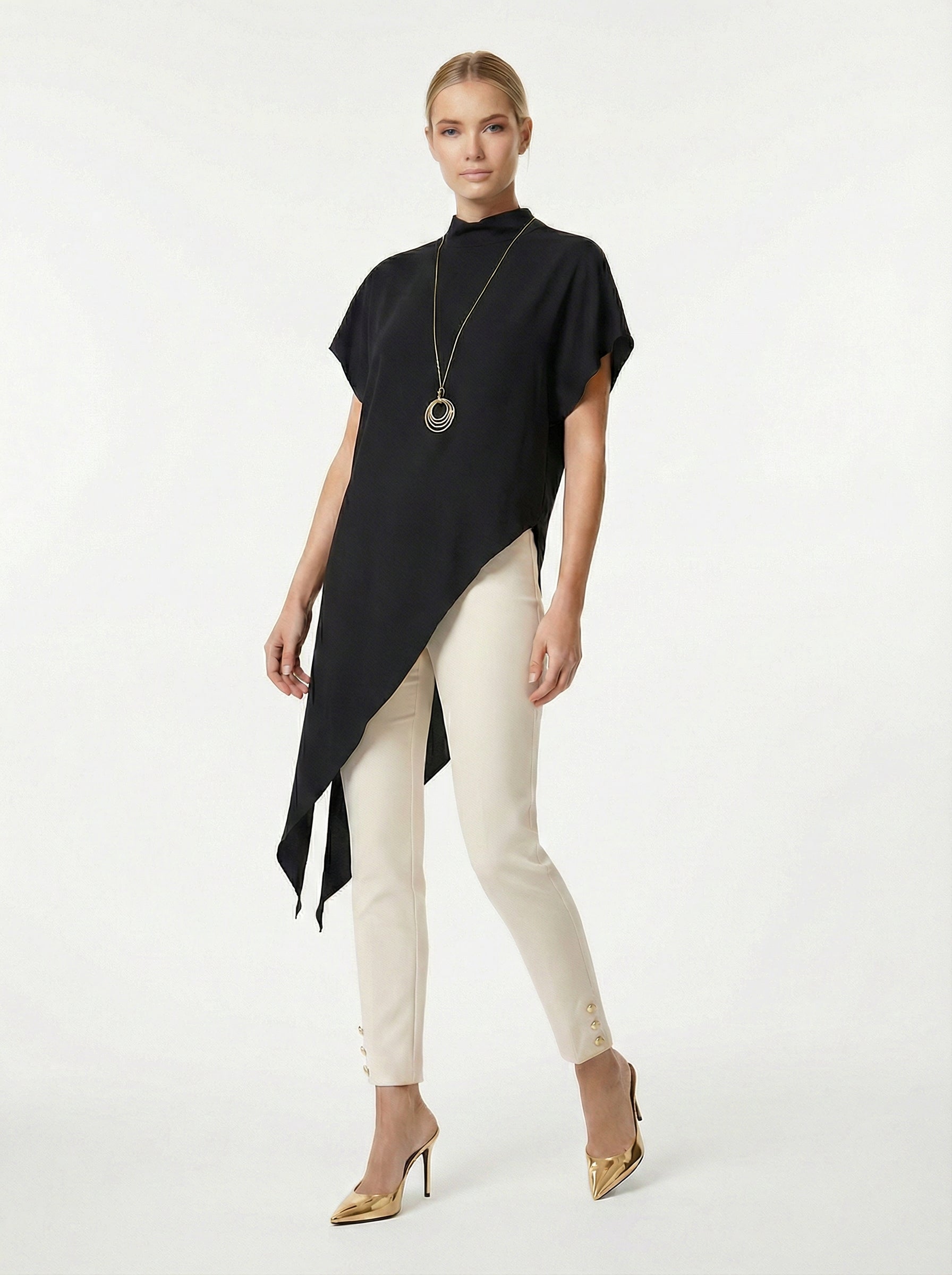 Black Asymmetric Satin Top With Stand Collar