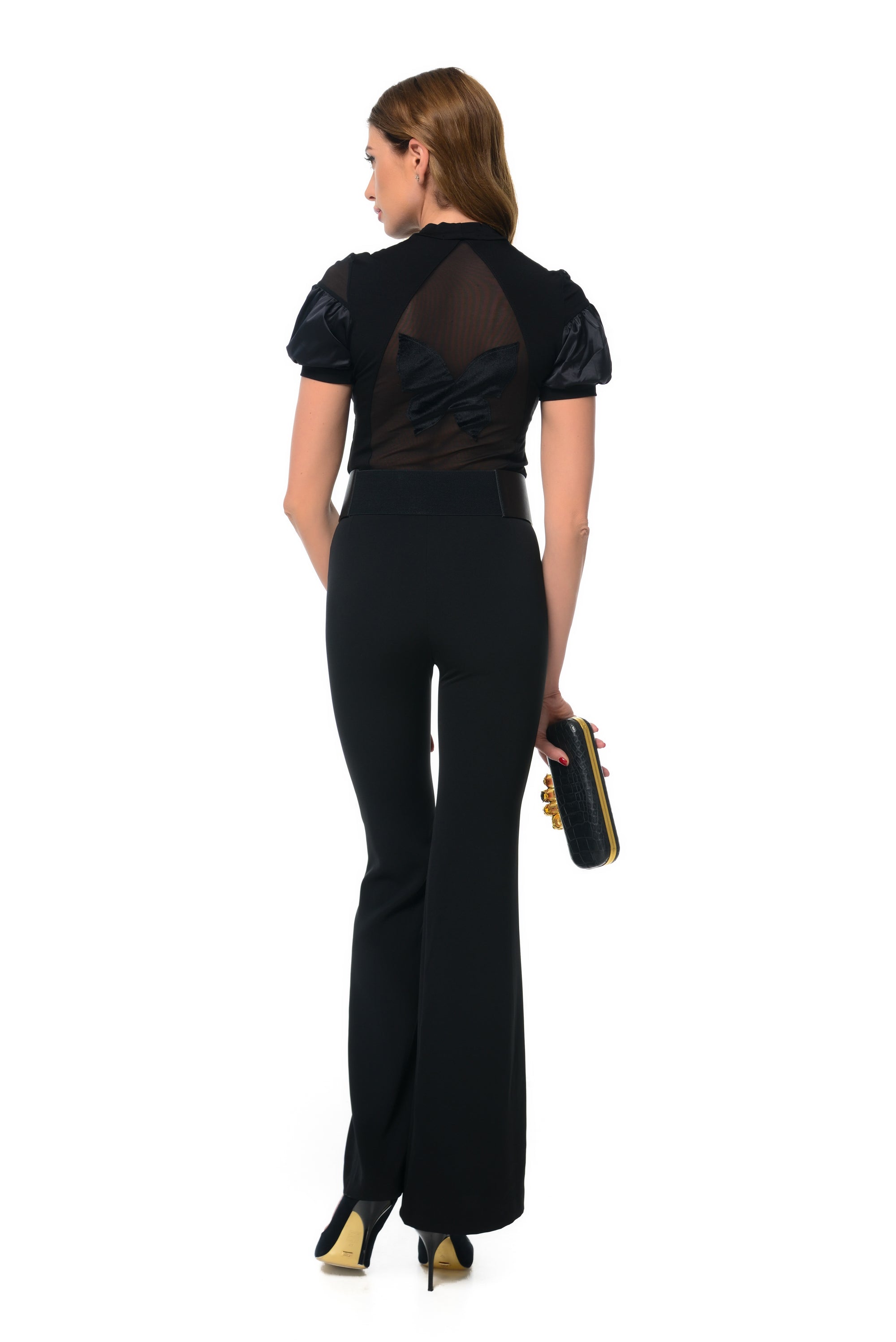 Butterfly Back Mock Neck Puff Sleeve Bodysuit – Black