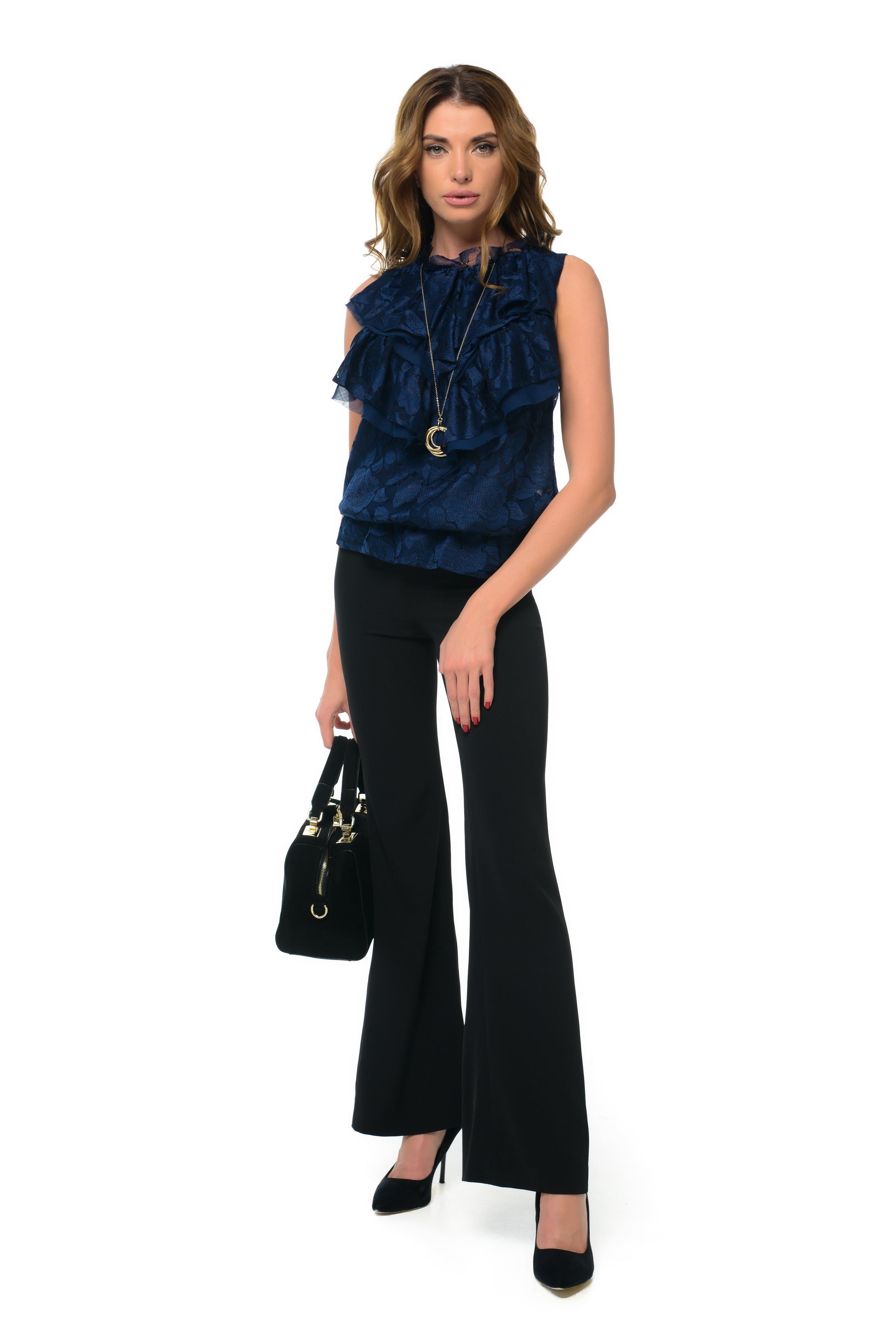 Dark Blue Ruffled Lace Top