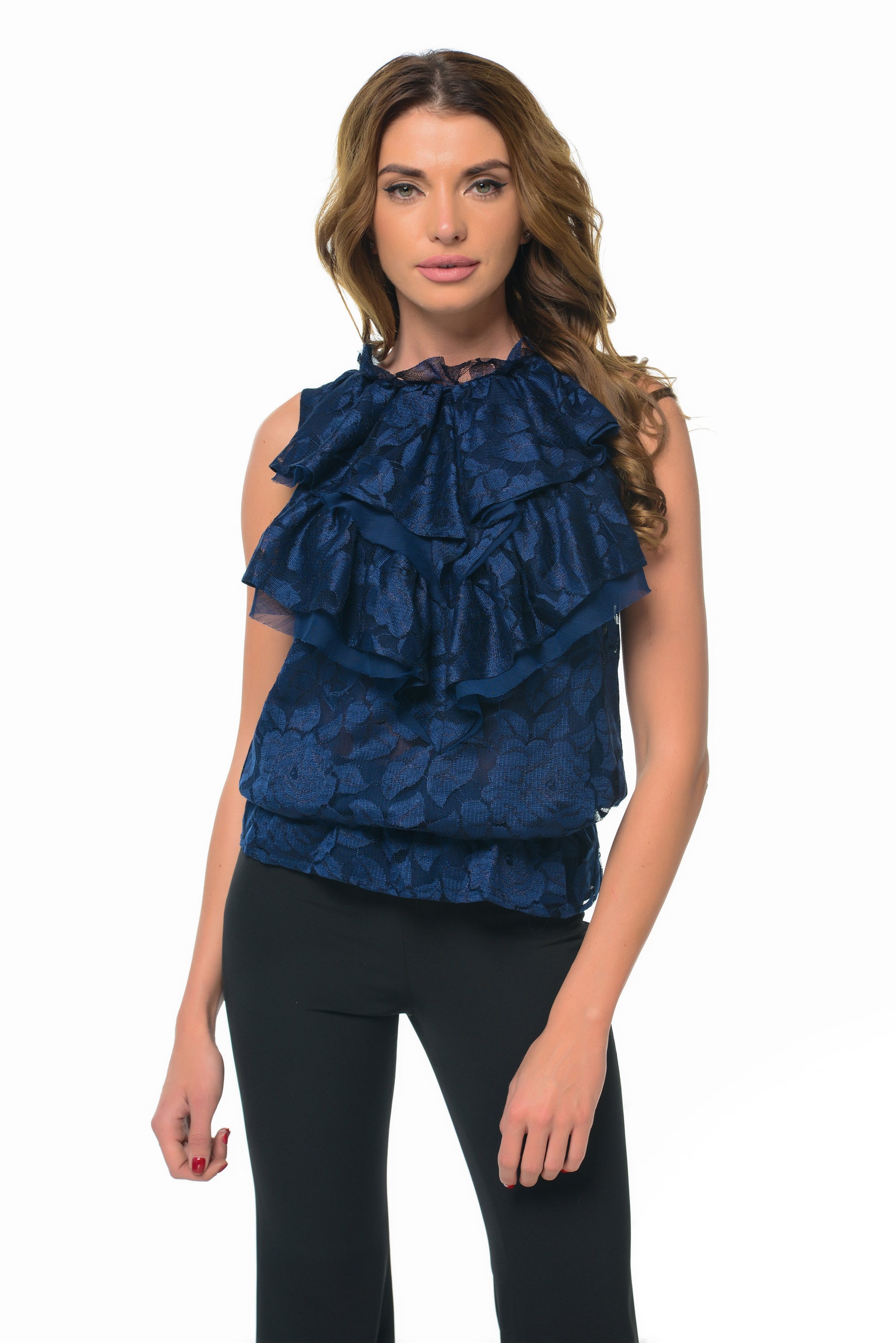 Dark Blue Ruffled Lace Top
