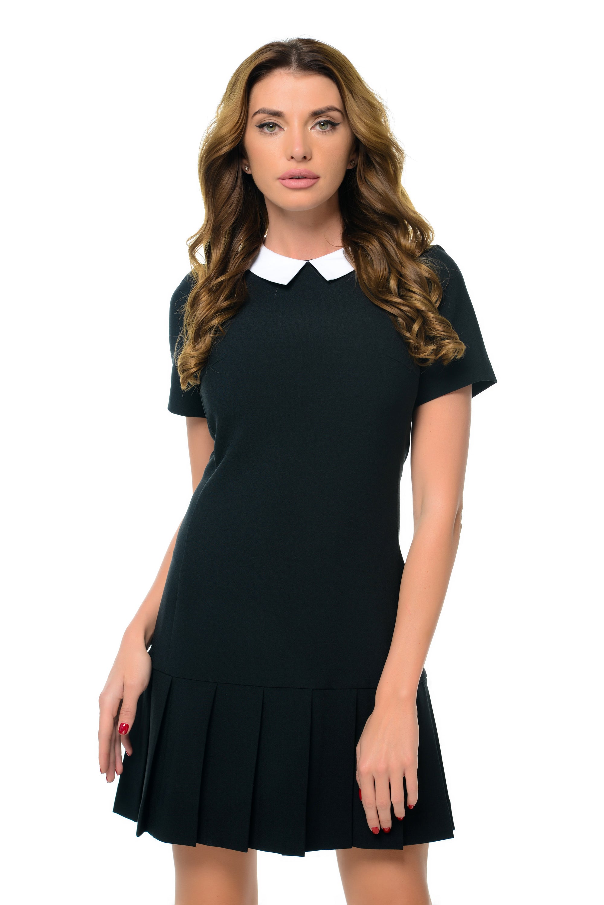 Black Pleated Mini Dress With White Collar