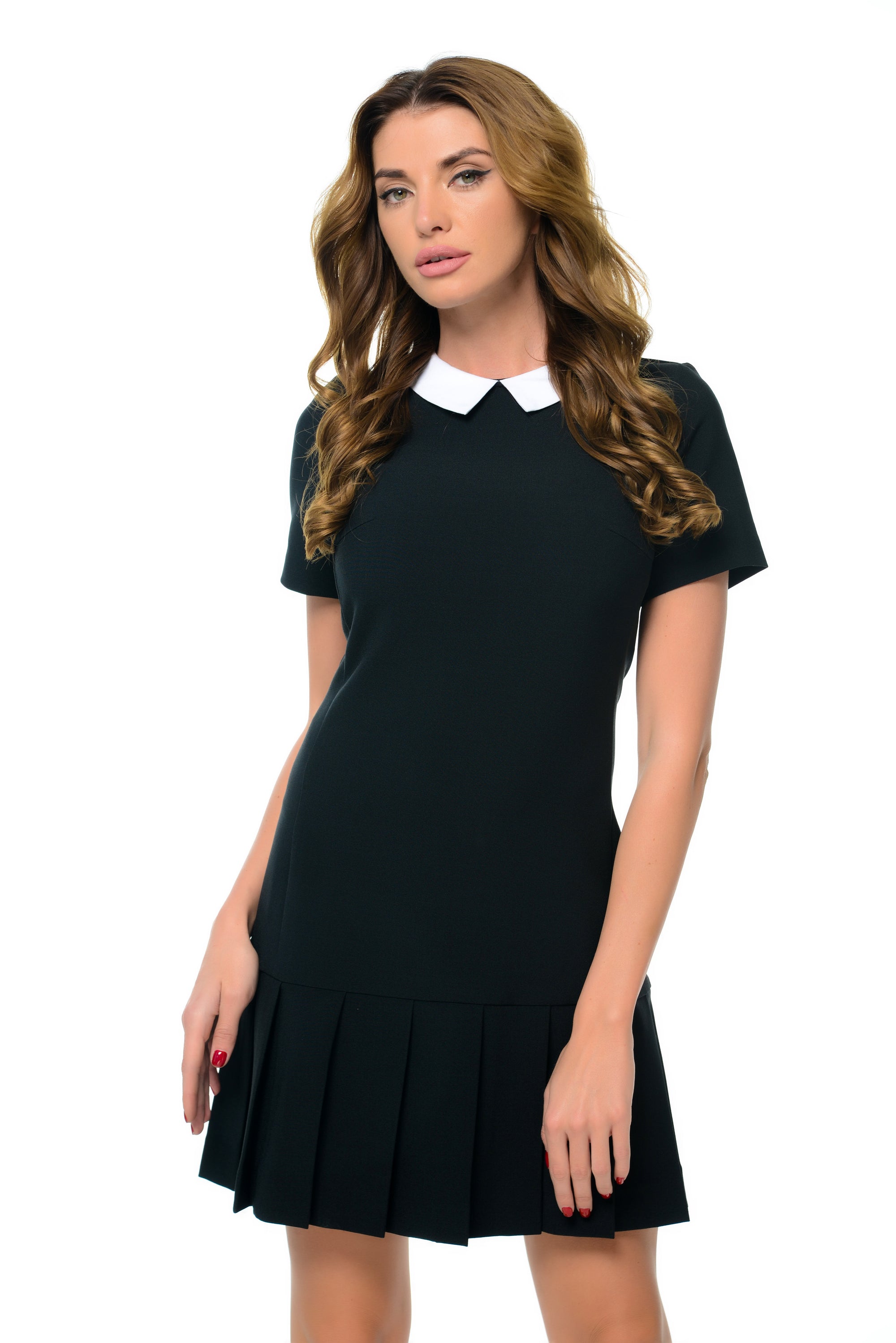 Black Pleated Mini Dress With White Collar