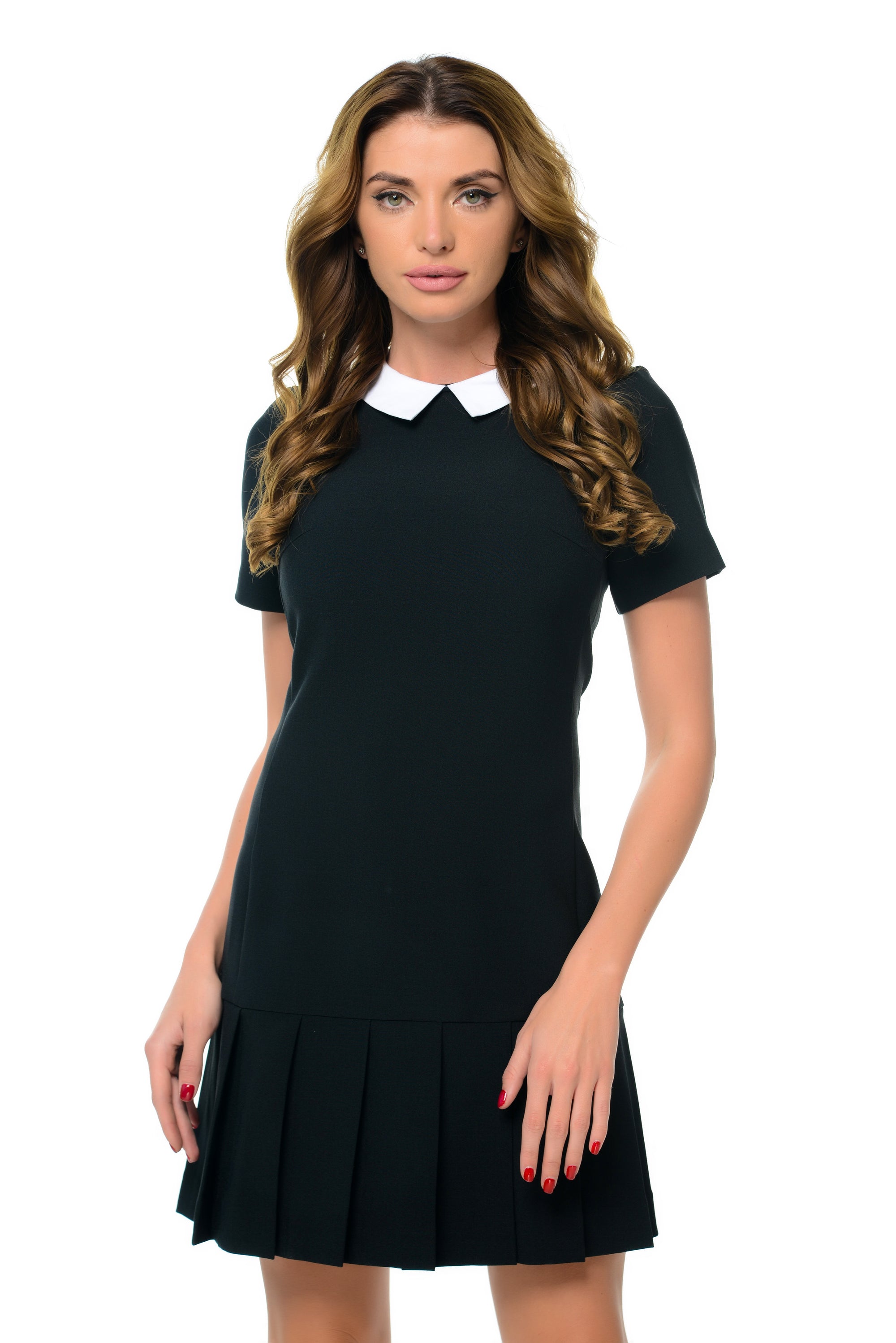 Black Pleated Mini Dress With White Collar
