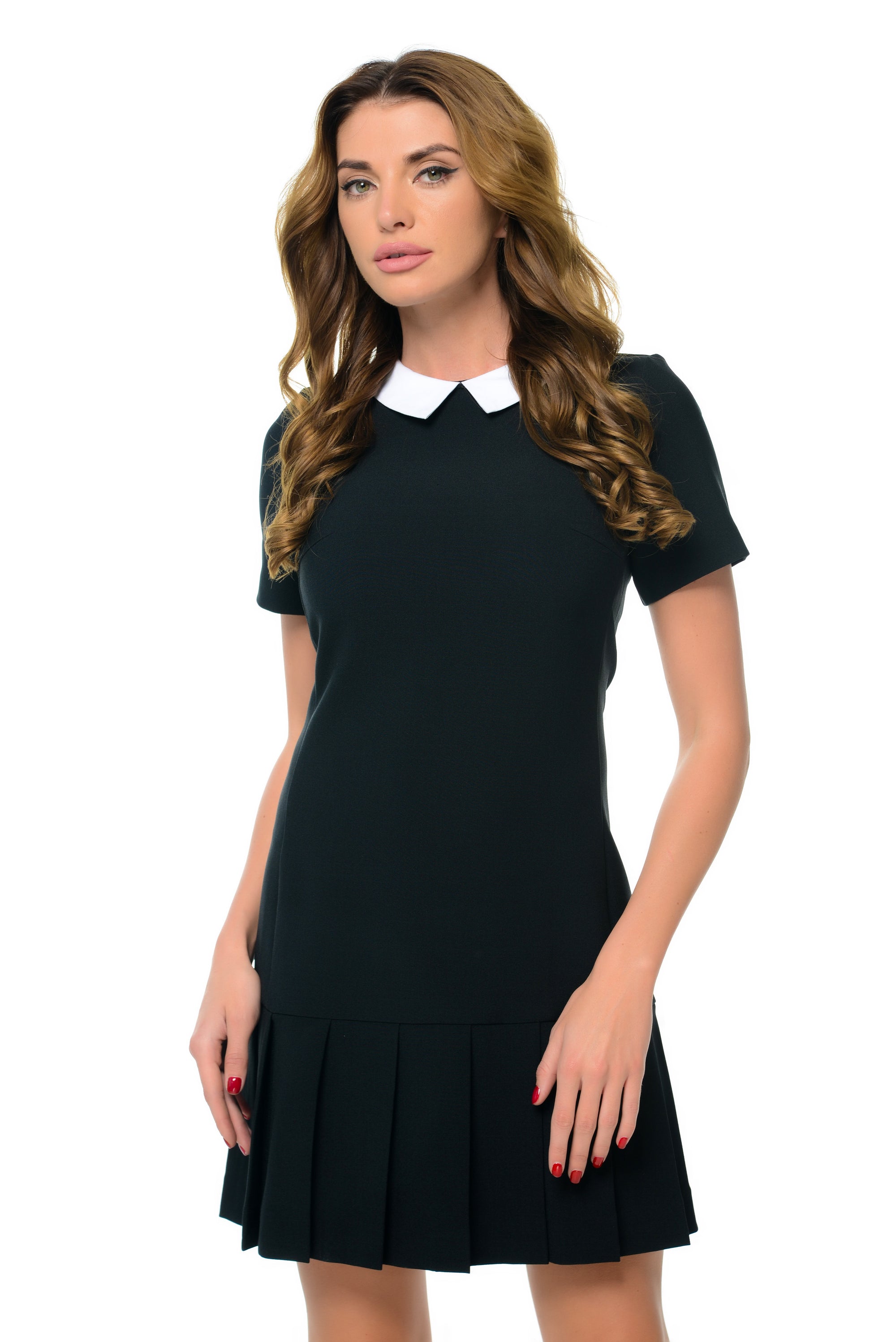 Black Pleated Mini Dress With White Collar