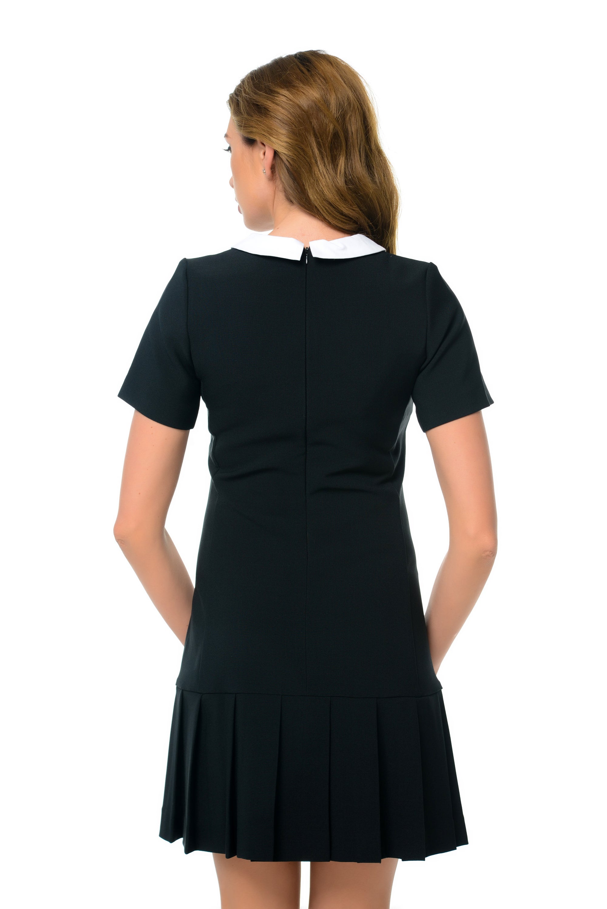 Black Pleated Mini Dress With White Collar