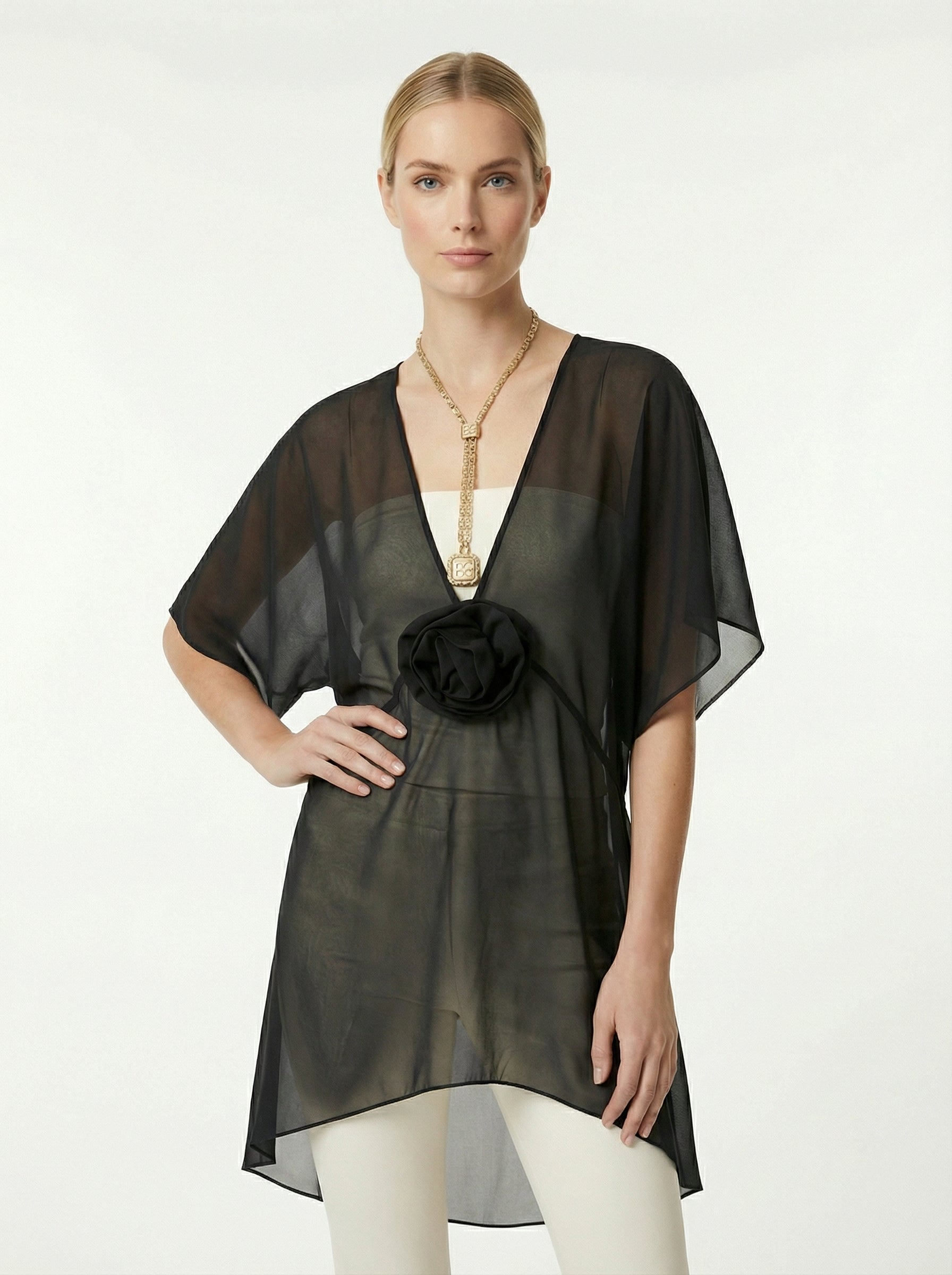 Black Sheer Chiffon High-Low Top With Rosette