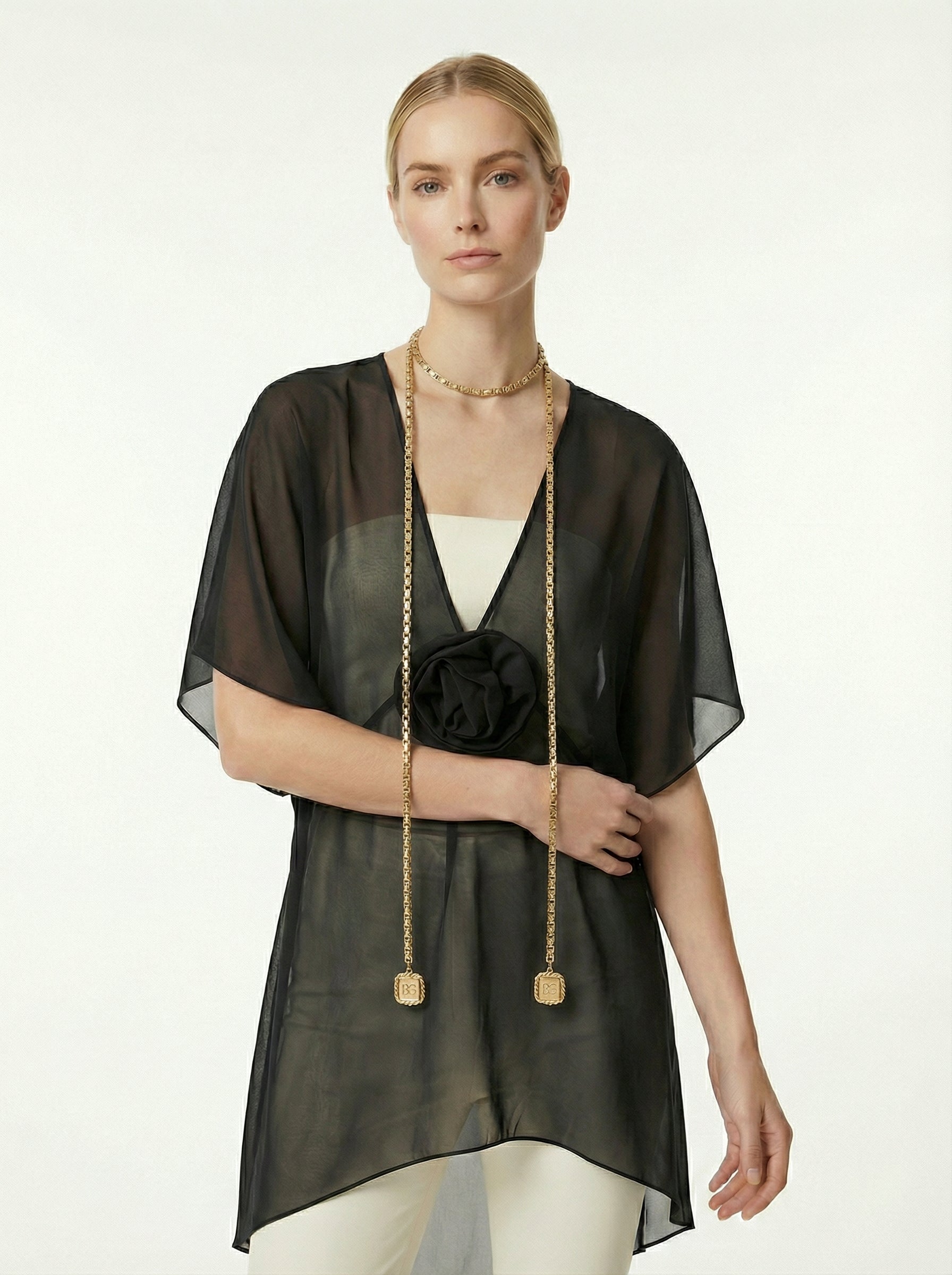 Black Sheer Chiffon High-Low Top With Rosette