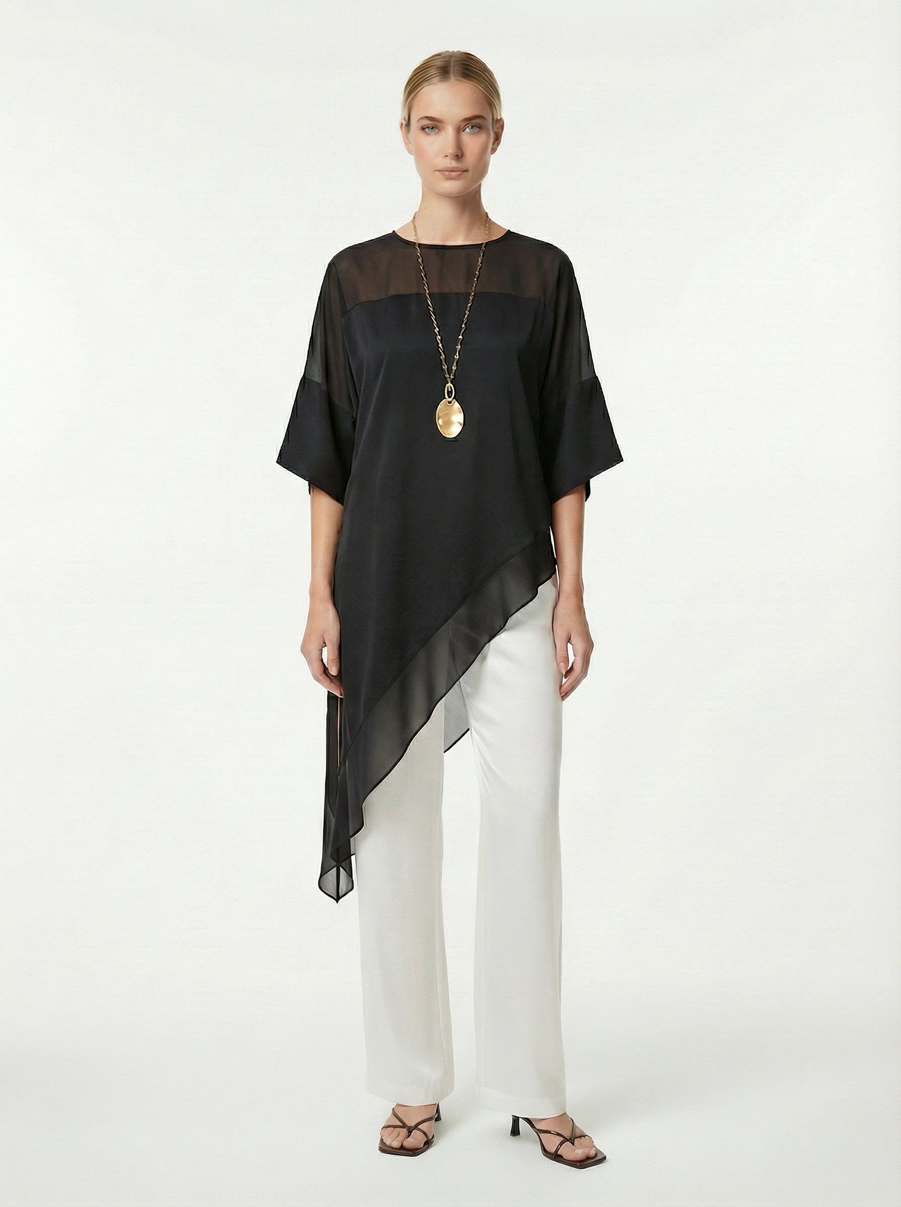 Black Asymmetric Satin Top With Chiffon Panels