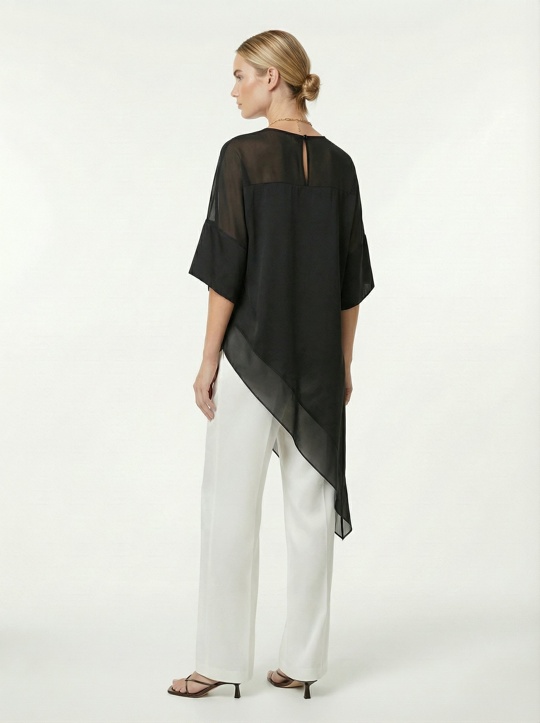 Black Asymmetric Satin Top With Chiffon Panels