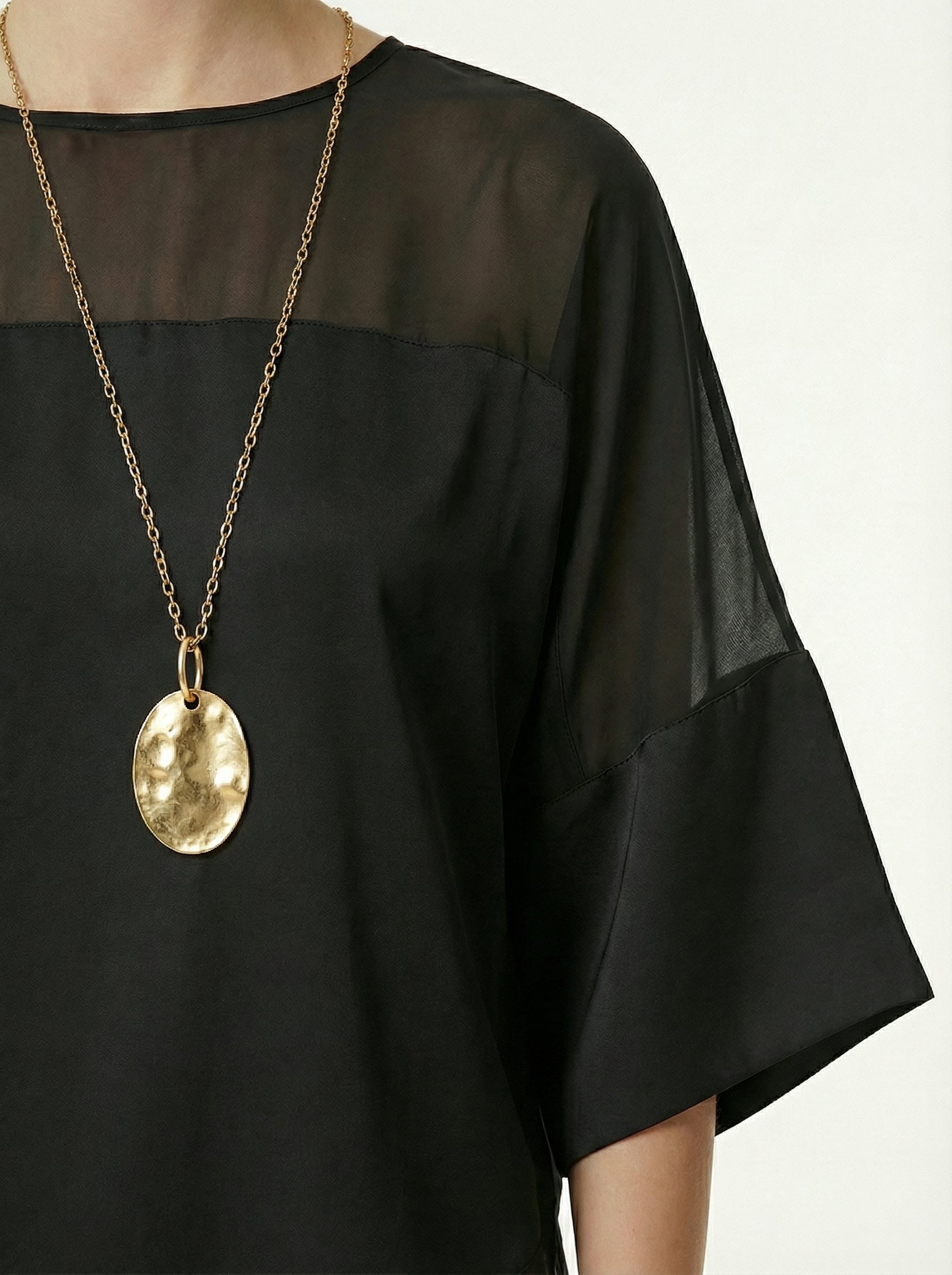 Black Asymmetric Satin Top With Chiffon Panels