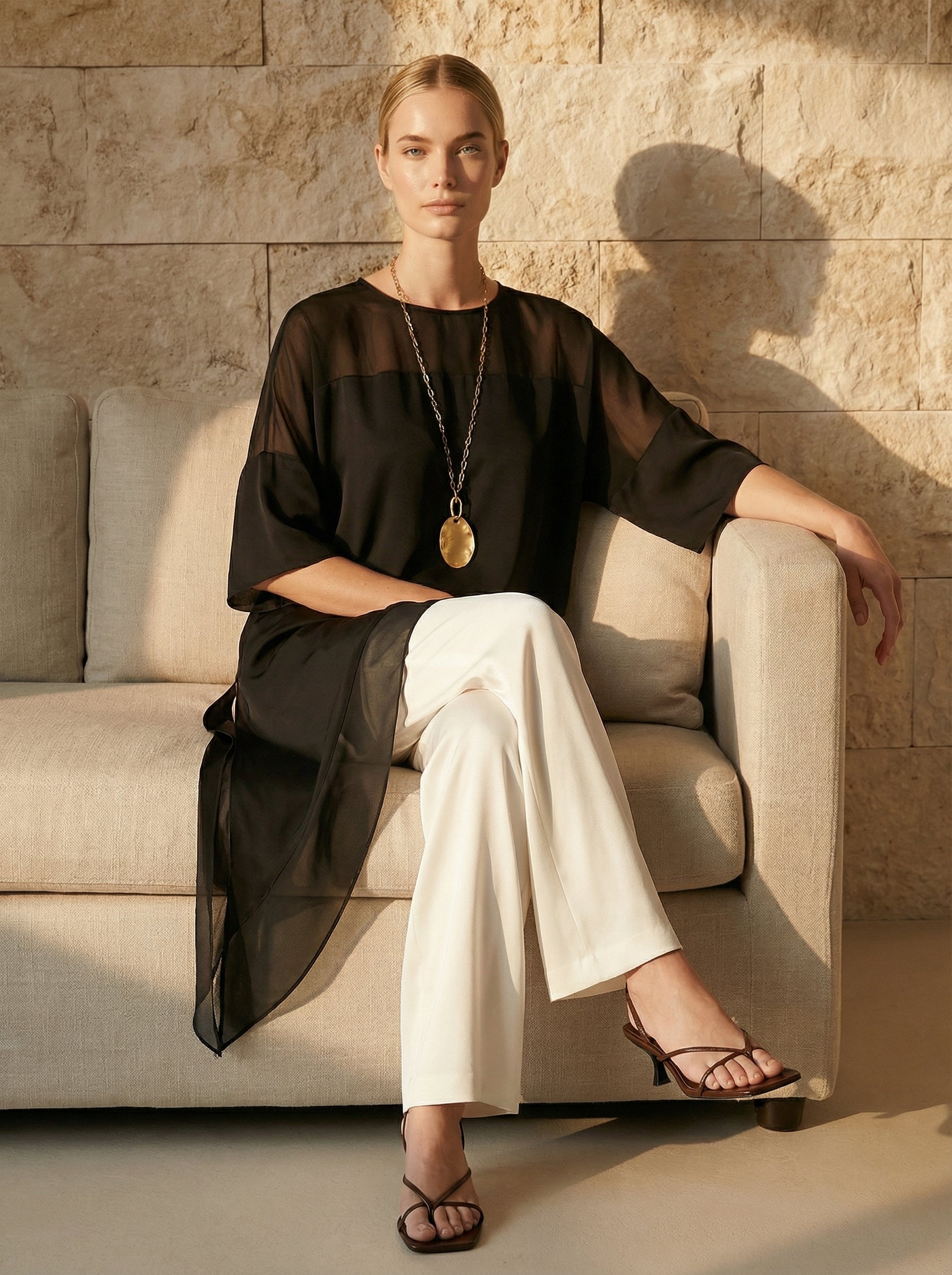 Black Asymmetric Satin Top With Chiffon Panels