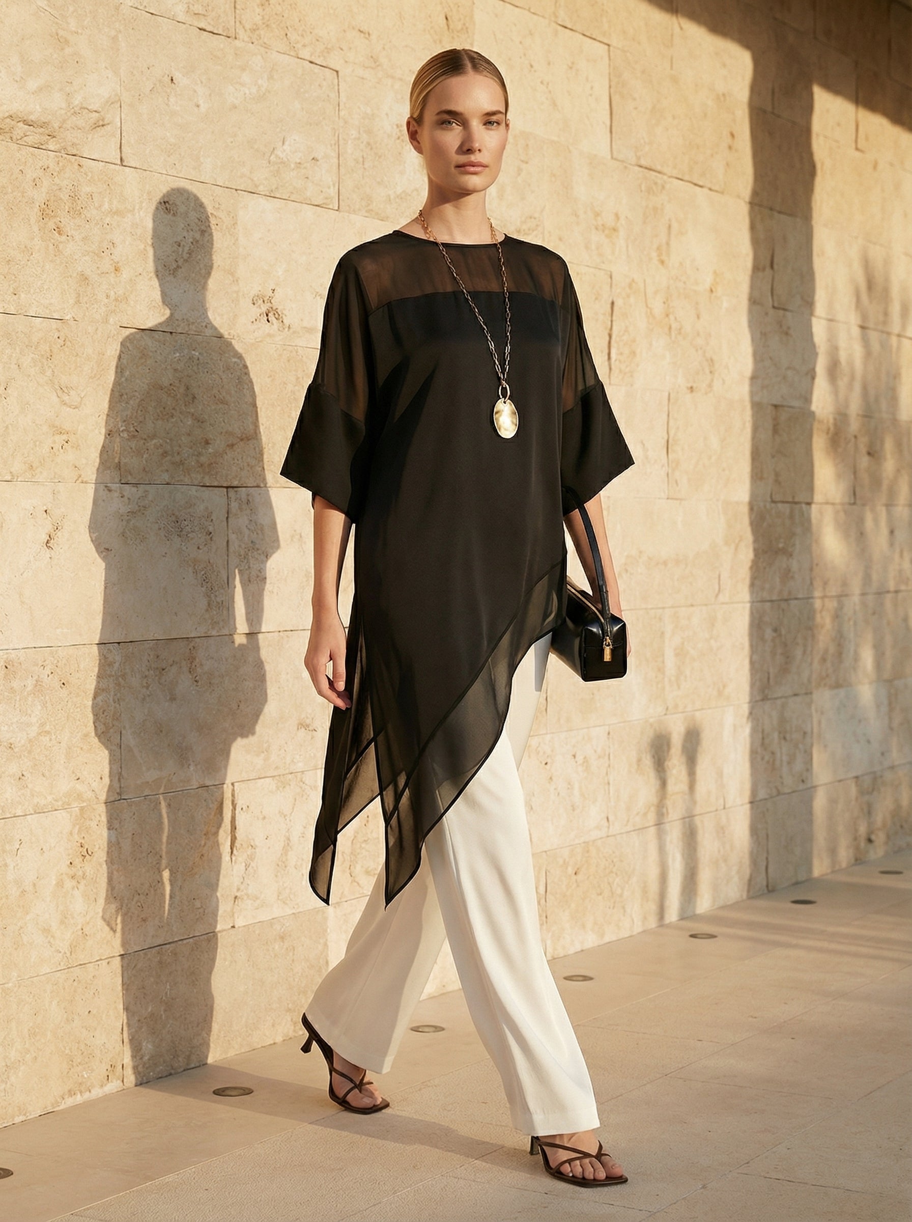 Black Asymmetric Satin Top With Chiffon Panels