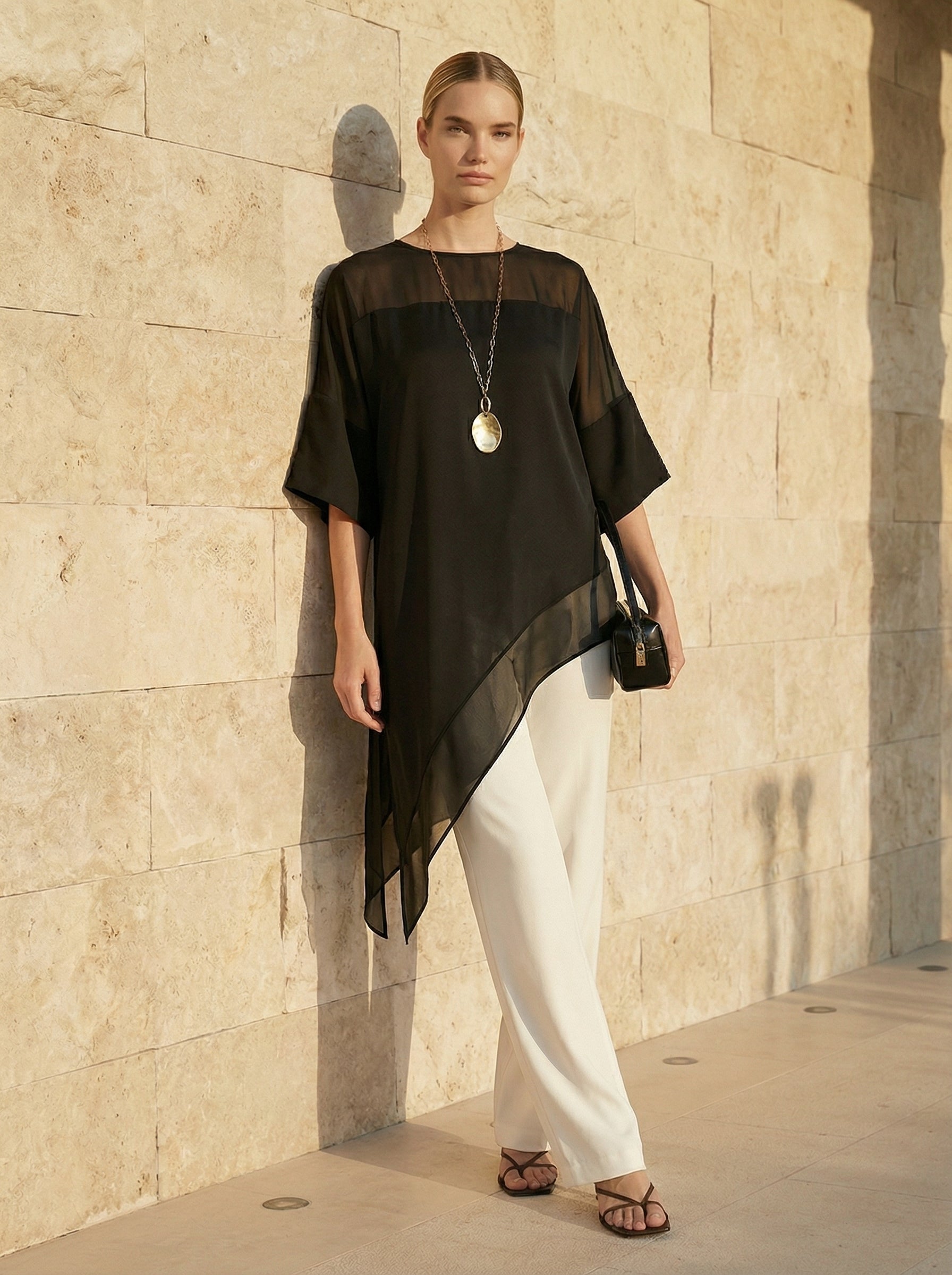 Black Asymmetric Satin Top With Chiffon Panels