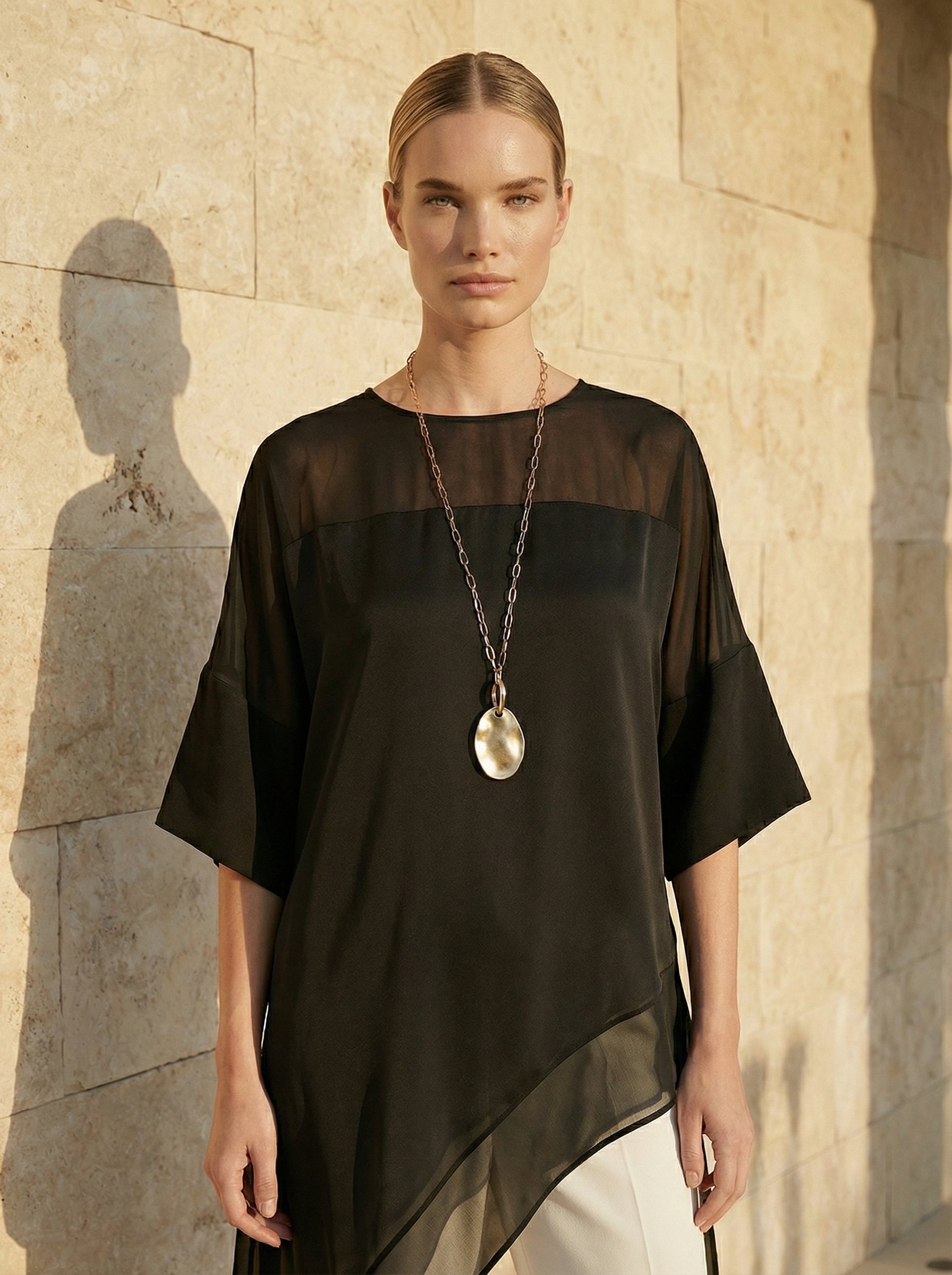 Black Asymmetric Satin Top With Chiffon Panels