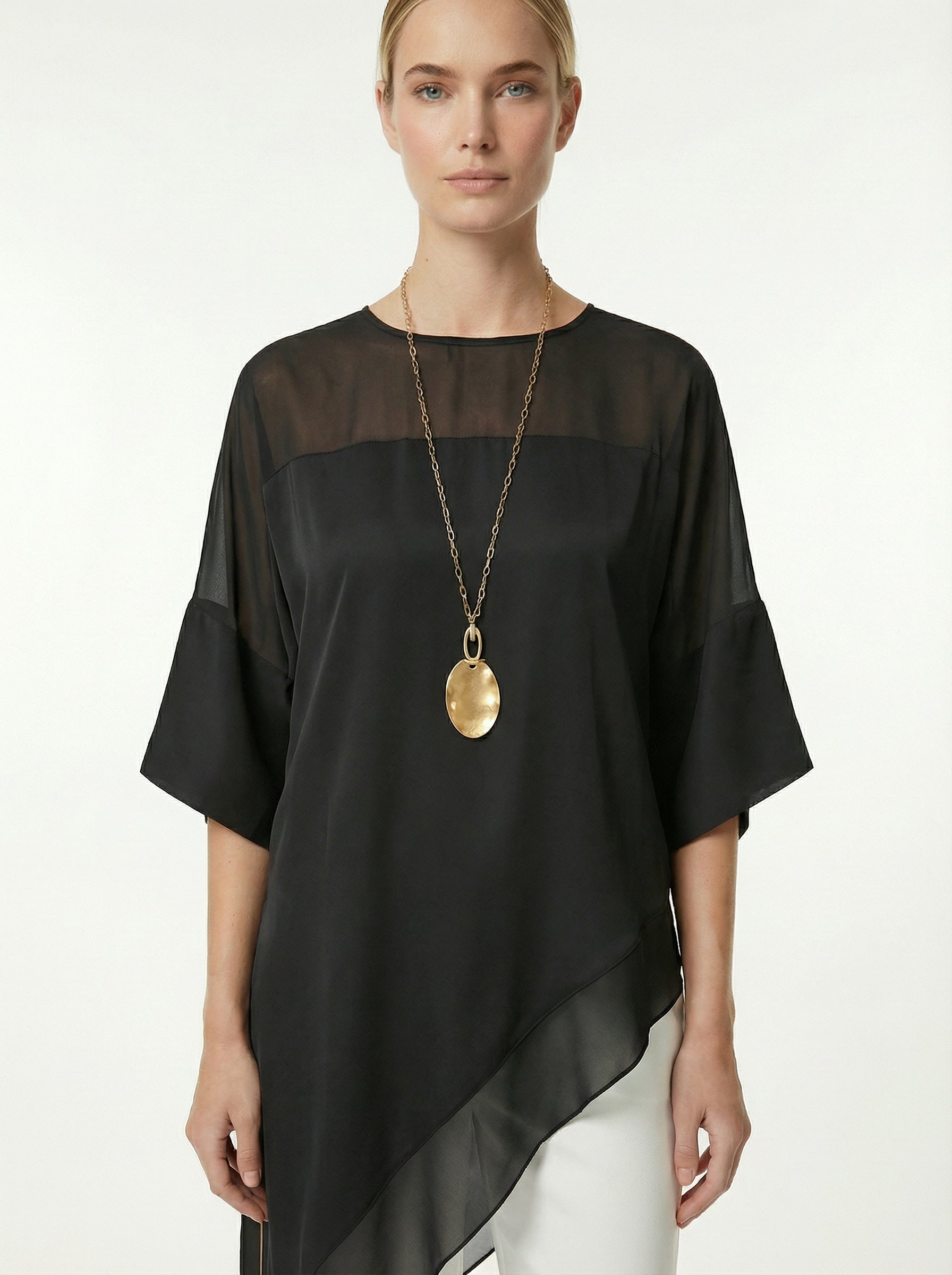 Black Asymmetric Satin Top With Chiffon Panels