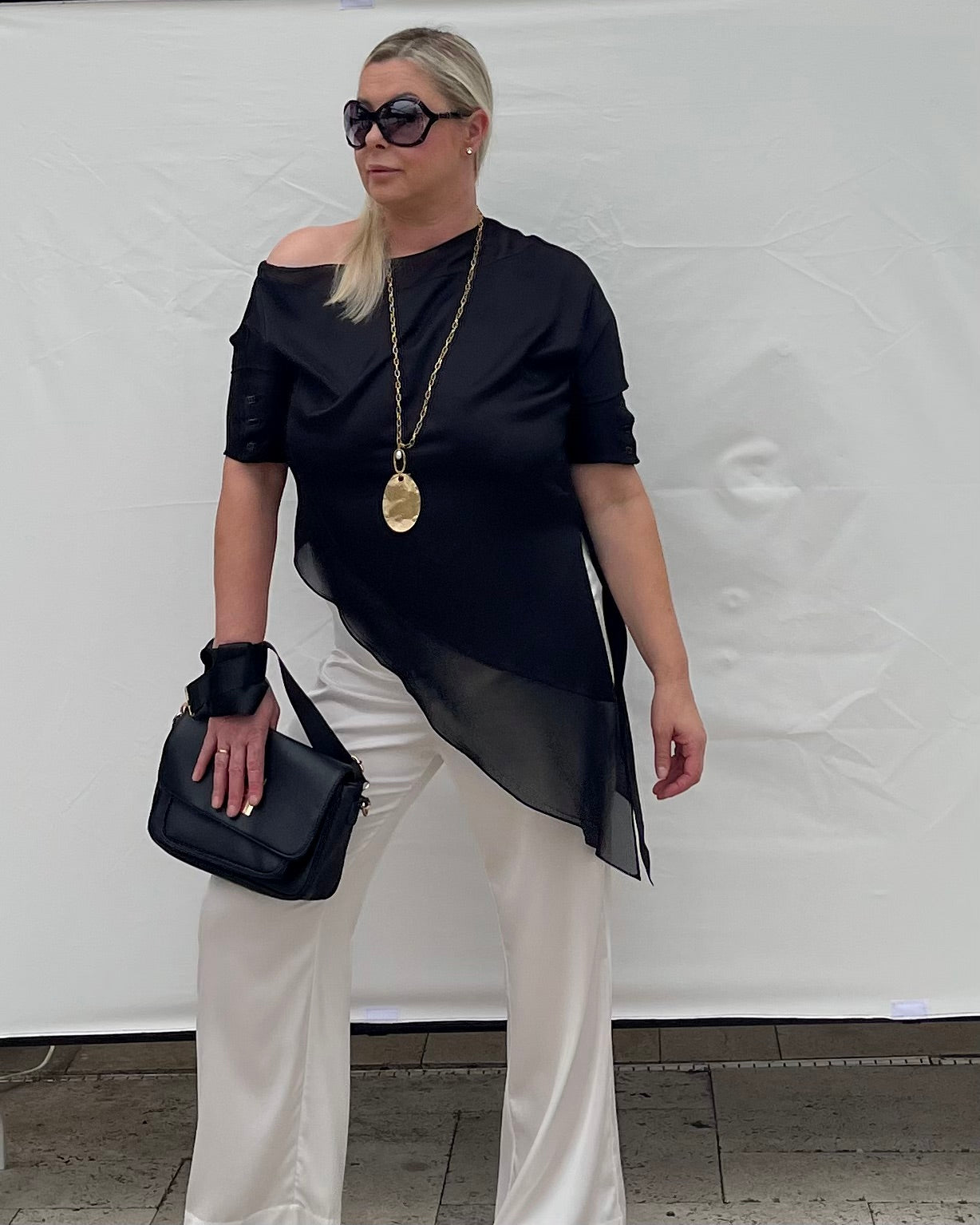 Off One Shoulder Flowy Satin Top