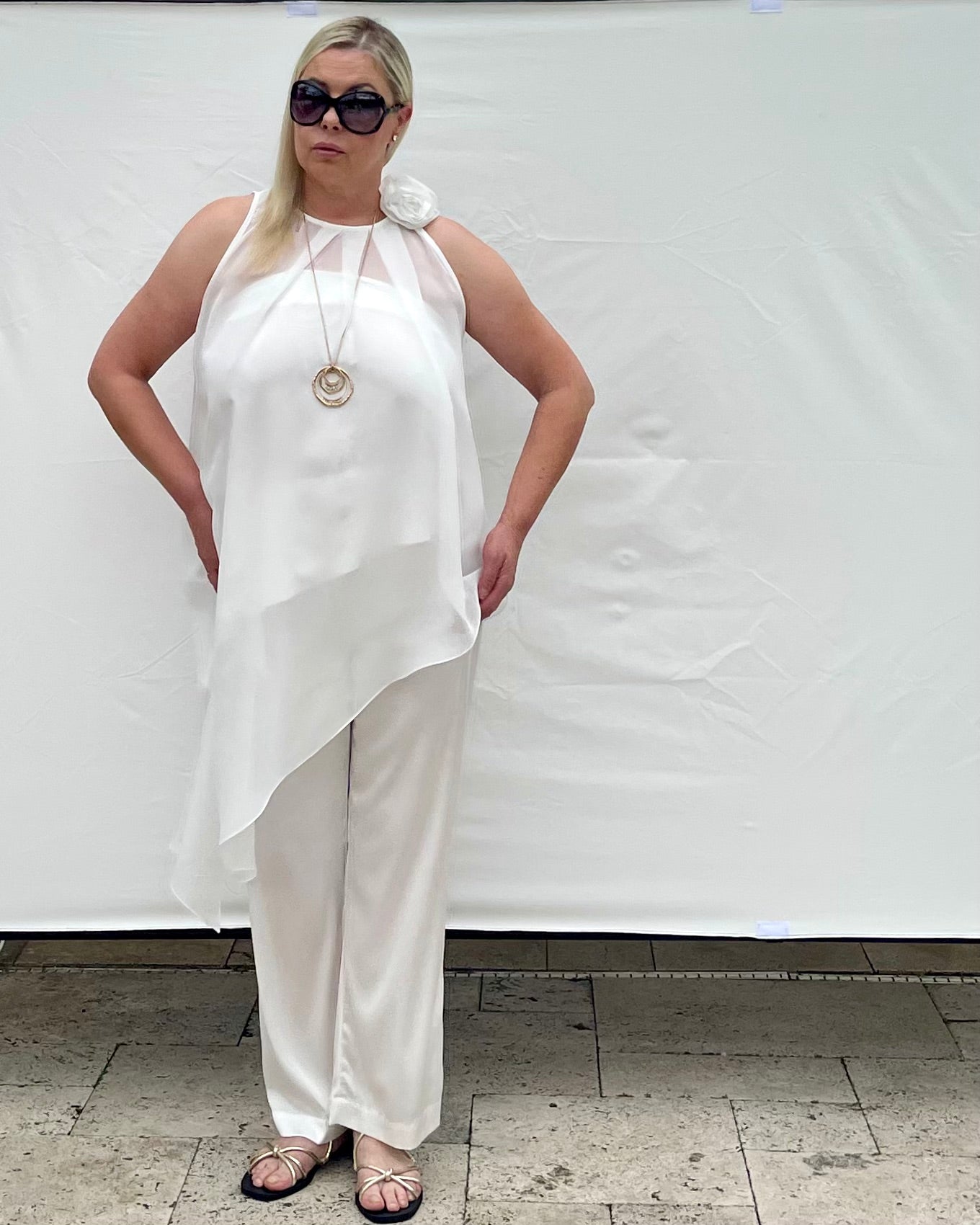 Two-Piece Asymmetrical Satin And Chiffon Top