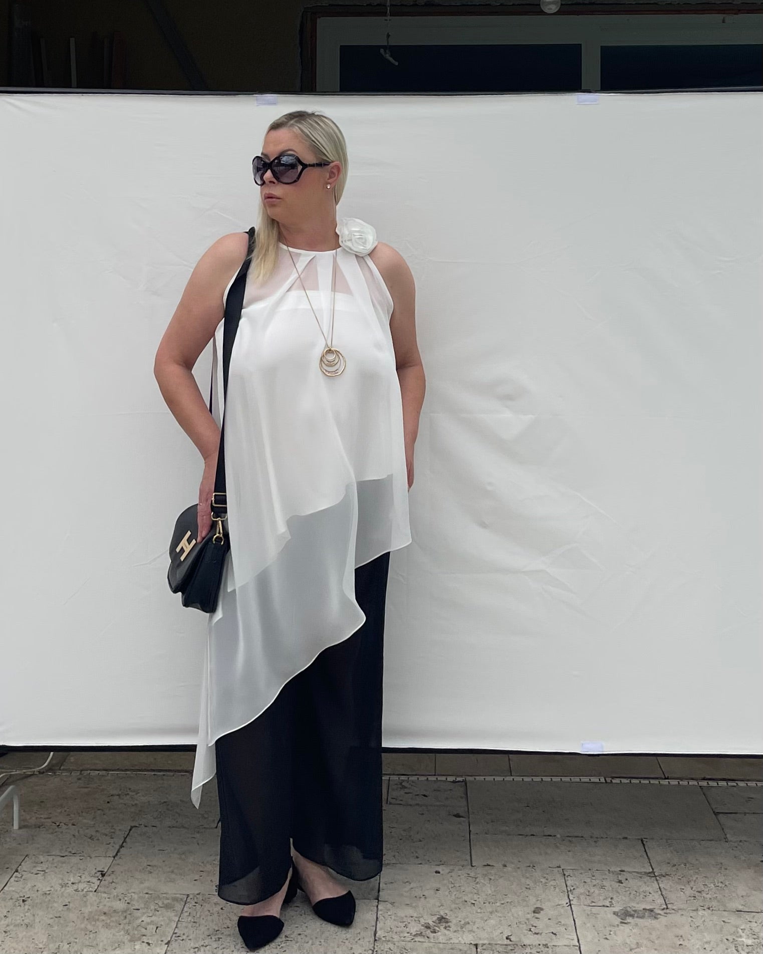 Two-Piece Asymmetrical Satin And Chiffon Top