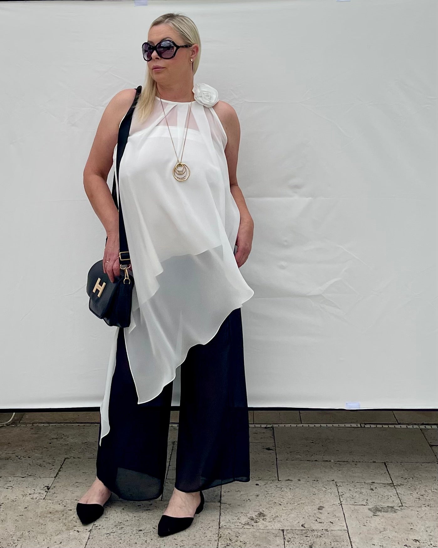 Two-Piece Asymmetrical Satin And Chiffon Top