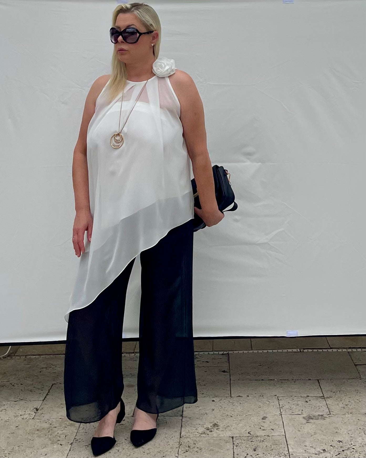 Two-Piece Asymmetrical Satin And Chiffon Top