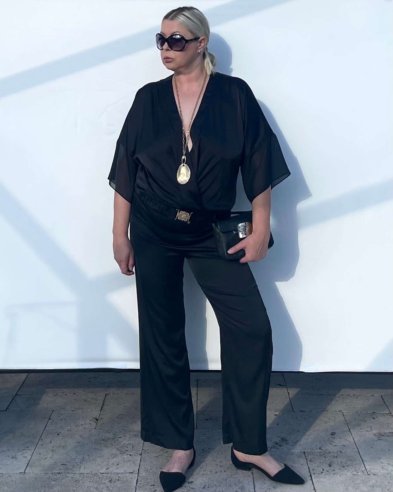 Flowy Satin Tunic With Decorative Gold Buckle