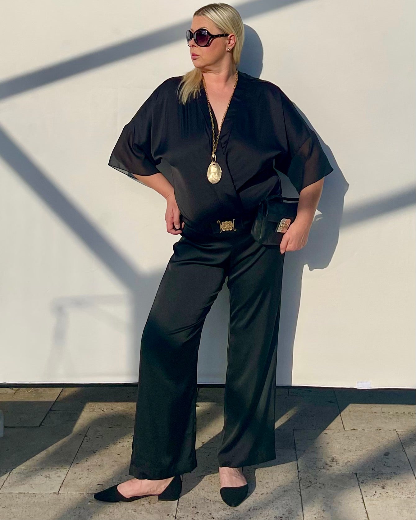 Flowy Satin Tunic With Decorative Gold Buckle