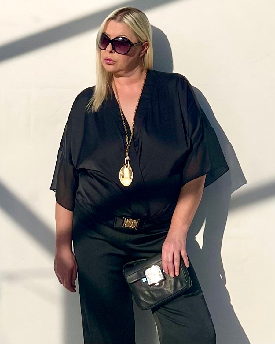 Flowy Satin Tunic With Decorative Gold Buckle