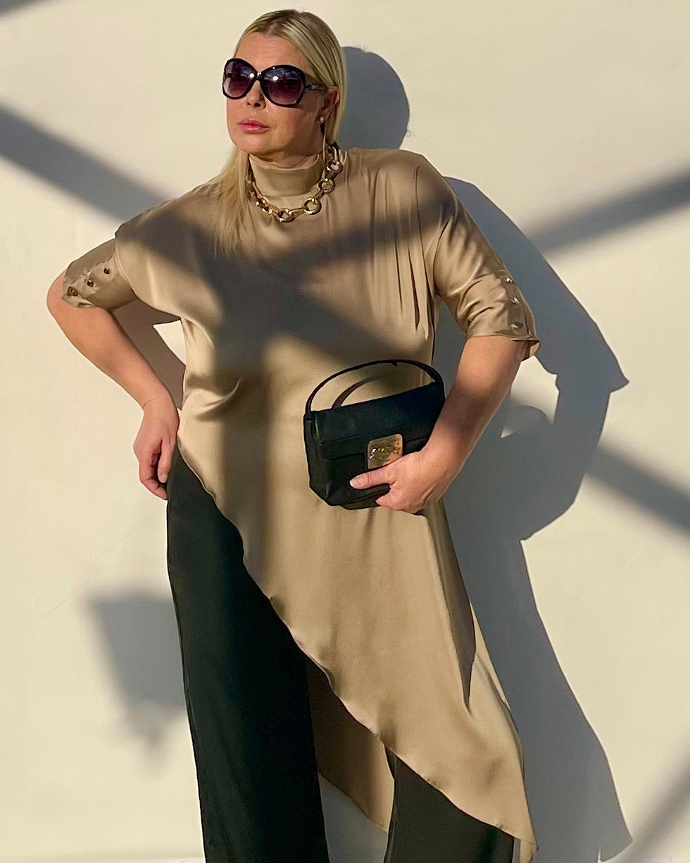 Flowy Satin Top With Asymmetrical Hem