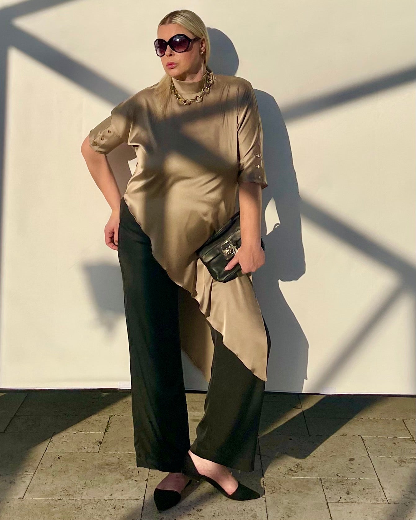 Flowy Satin Top With Asymmetrical Hem