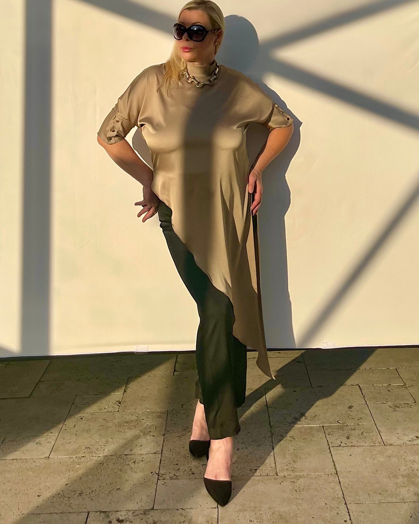 Flowy Satin Top With Asymmetrical Hem